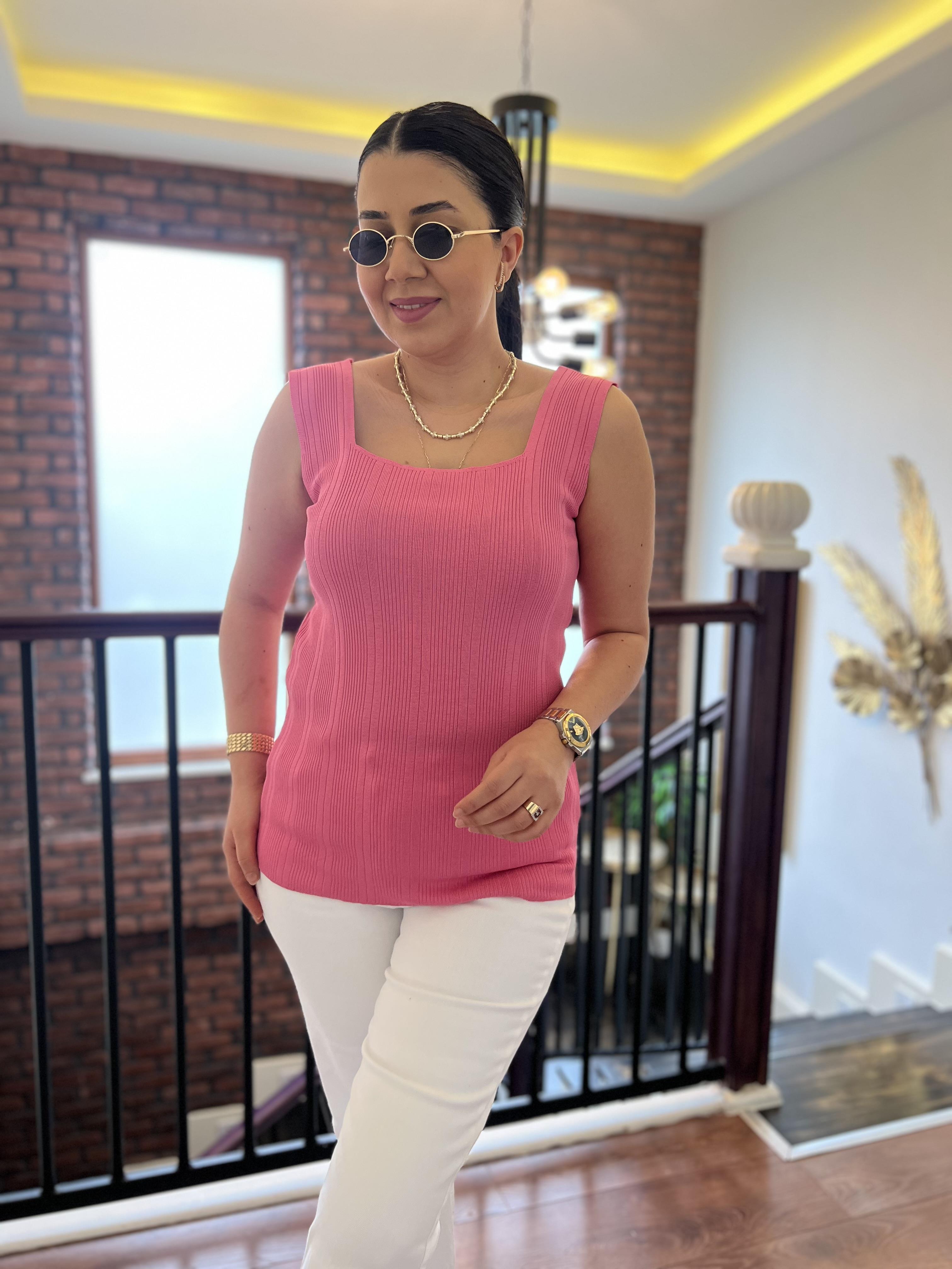 Kare Yaka Askılı Bluz Büyük Beden Fuşya