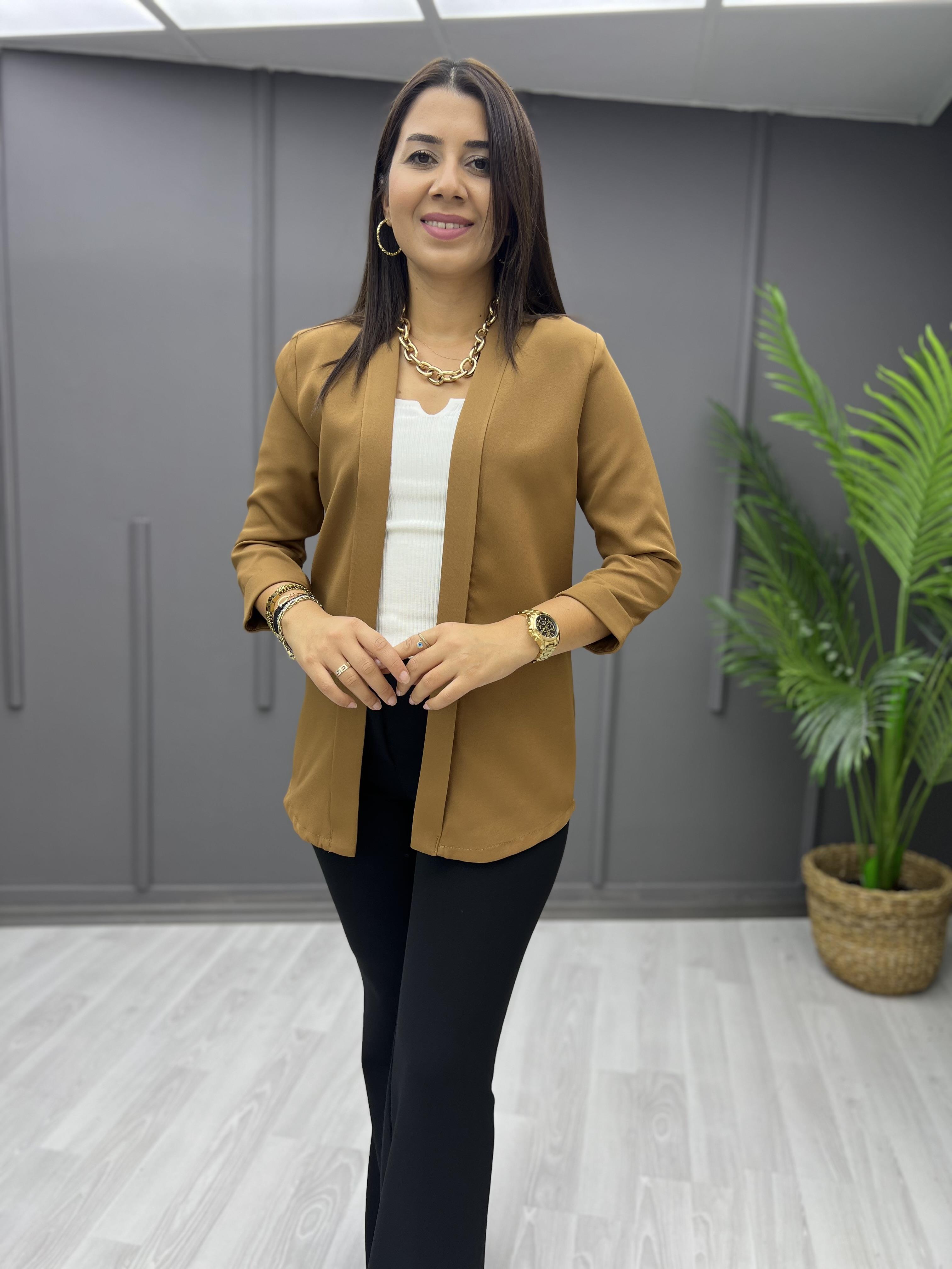 Katlama Yaka Kumaş Ceket Taba