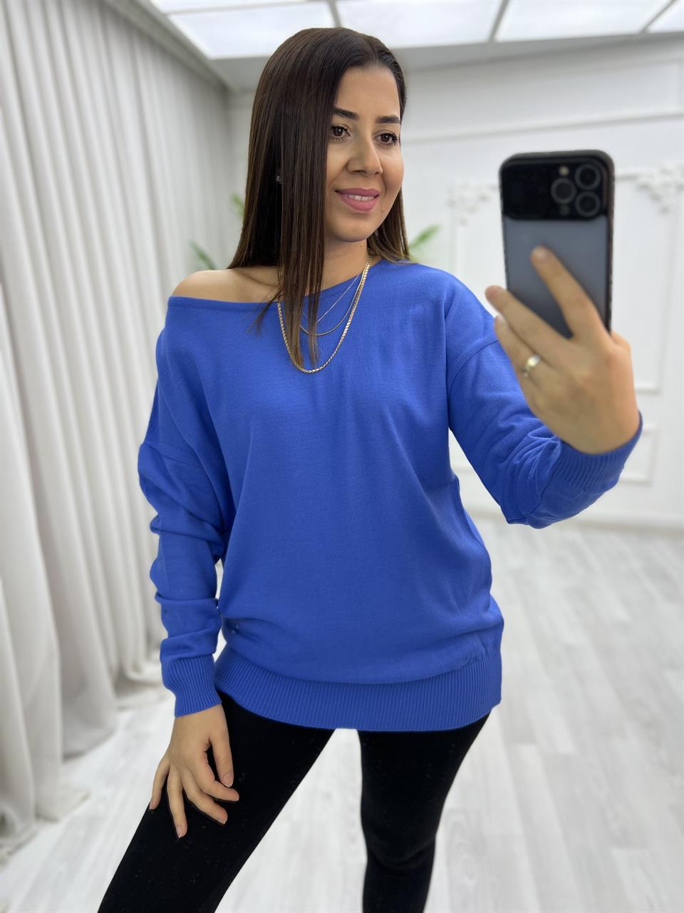 Kayık Yaka Triko Bluz İndigo