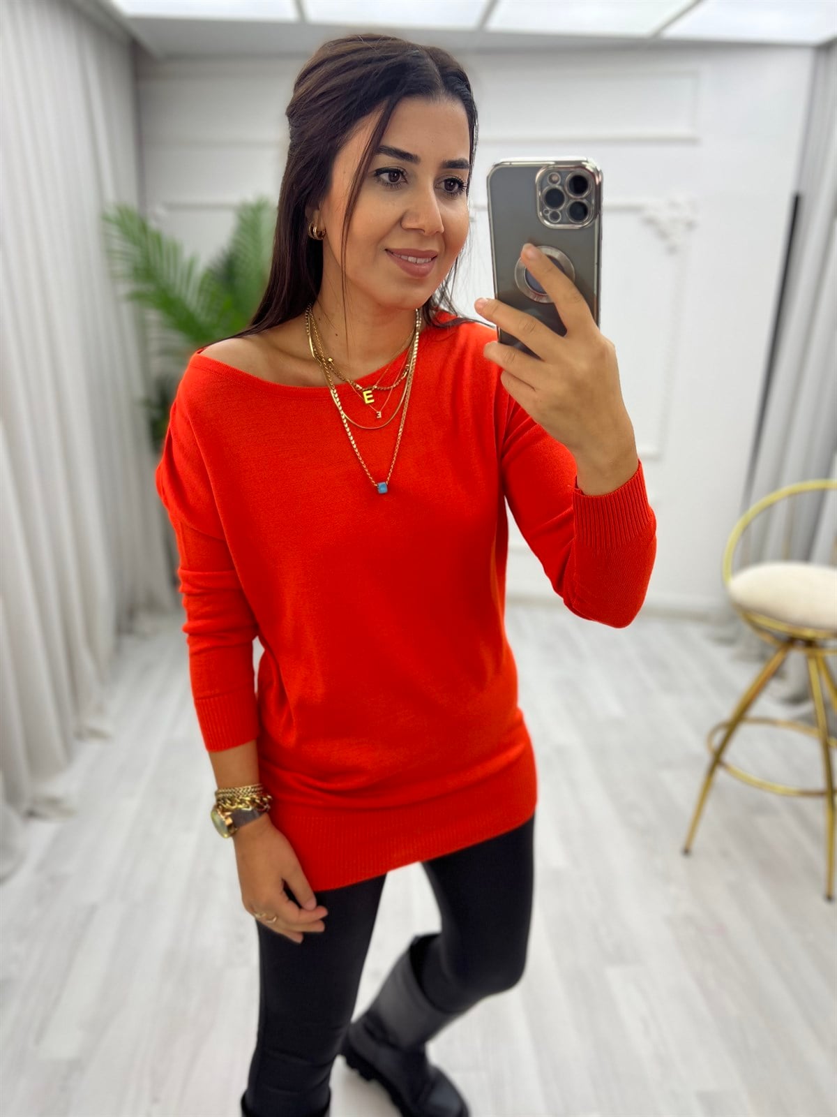 Kayık Yaka Triko Bluz Oranj