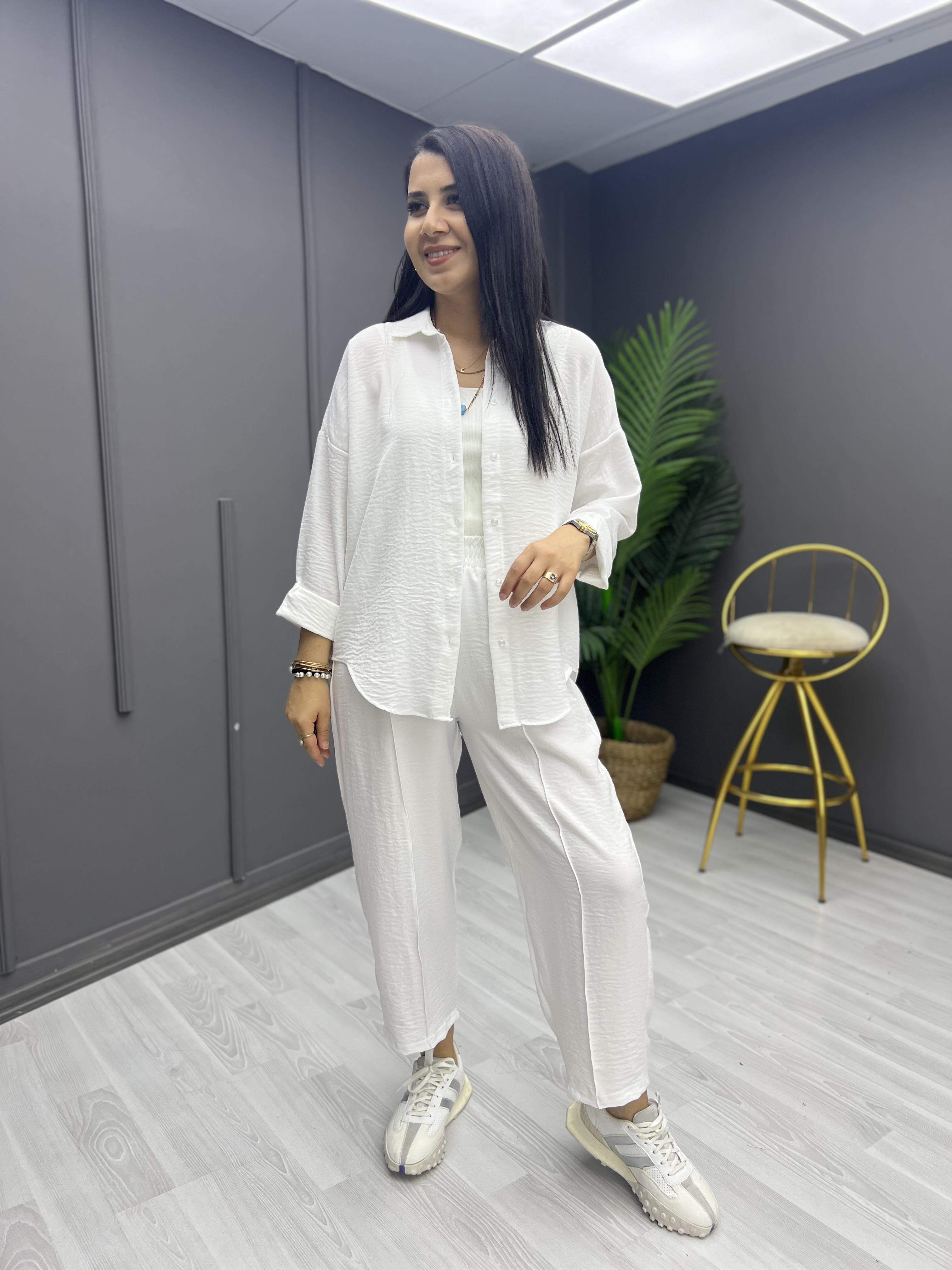 Keten Gömlek Pantolon Takım Beyaz