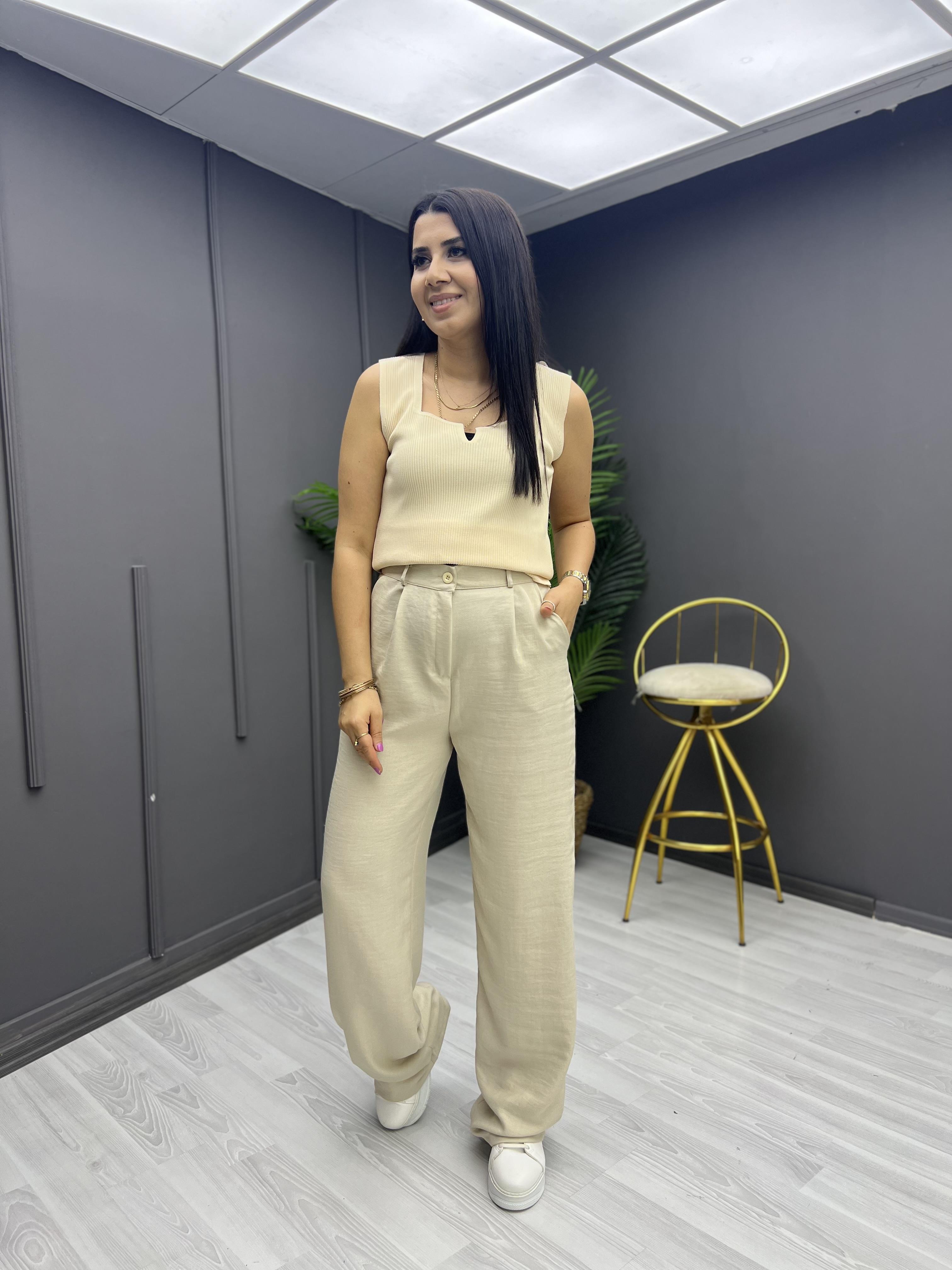 Keten Palazzo Pantolon Taş