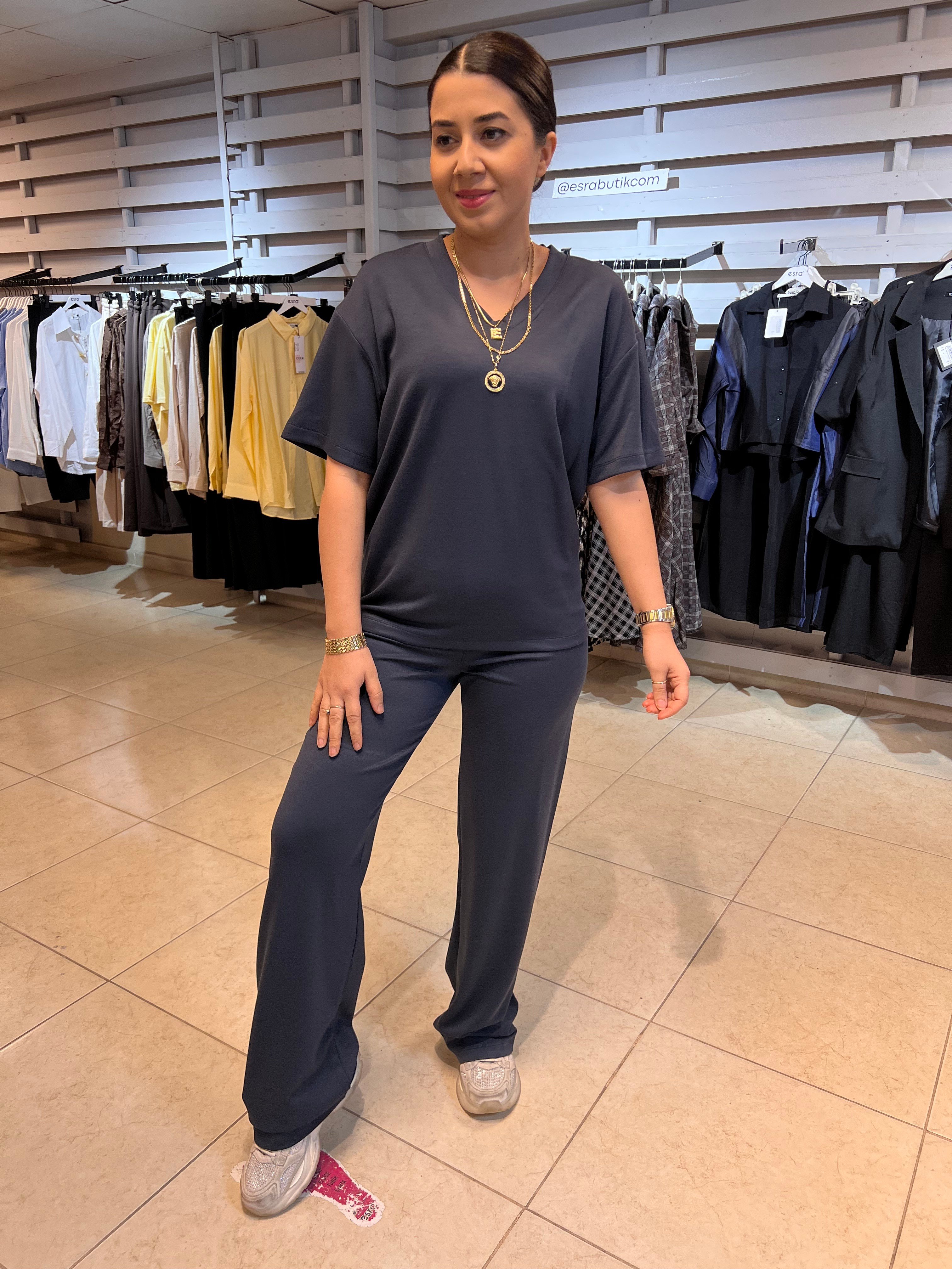 Kısa Kol V Yaka Modal Takım Antrasit