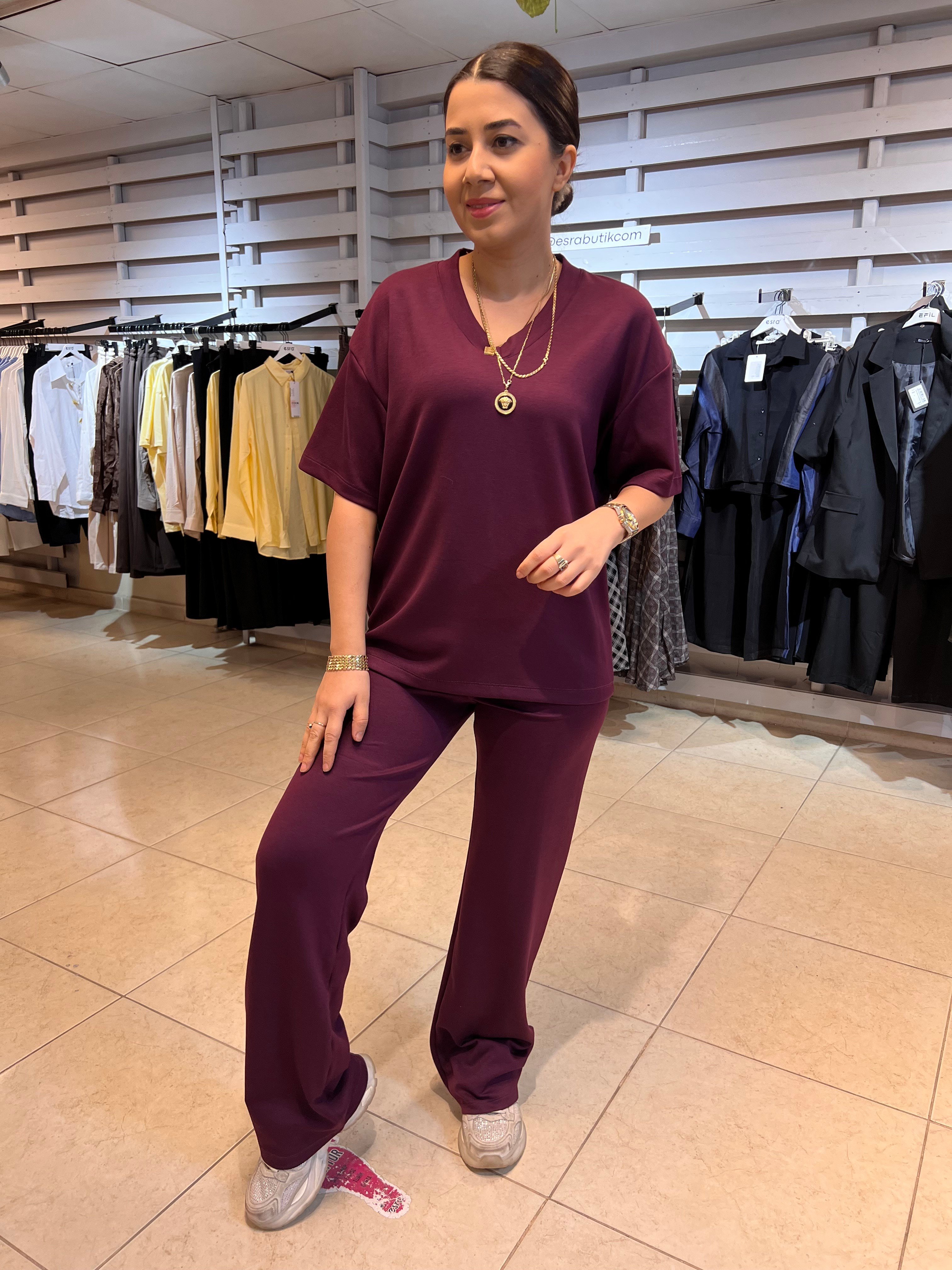 Kısa Kol V Yaka Modal Takım Mürdüm