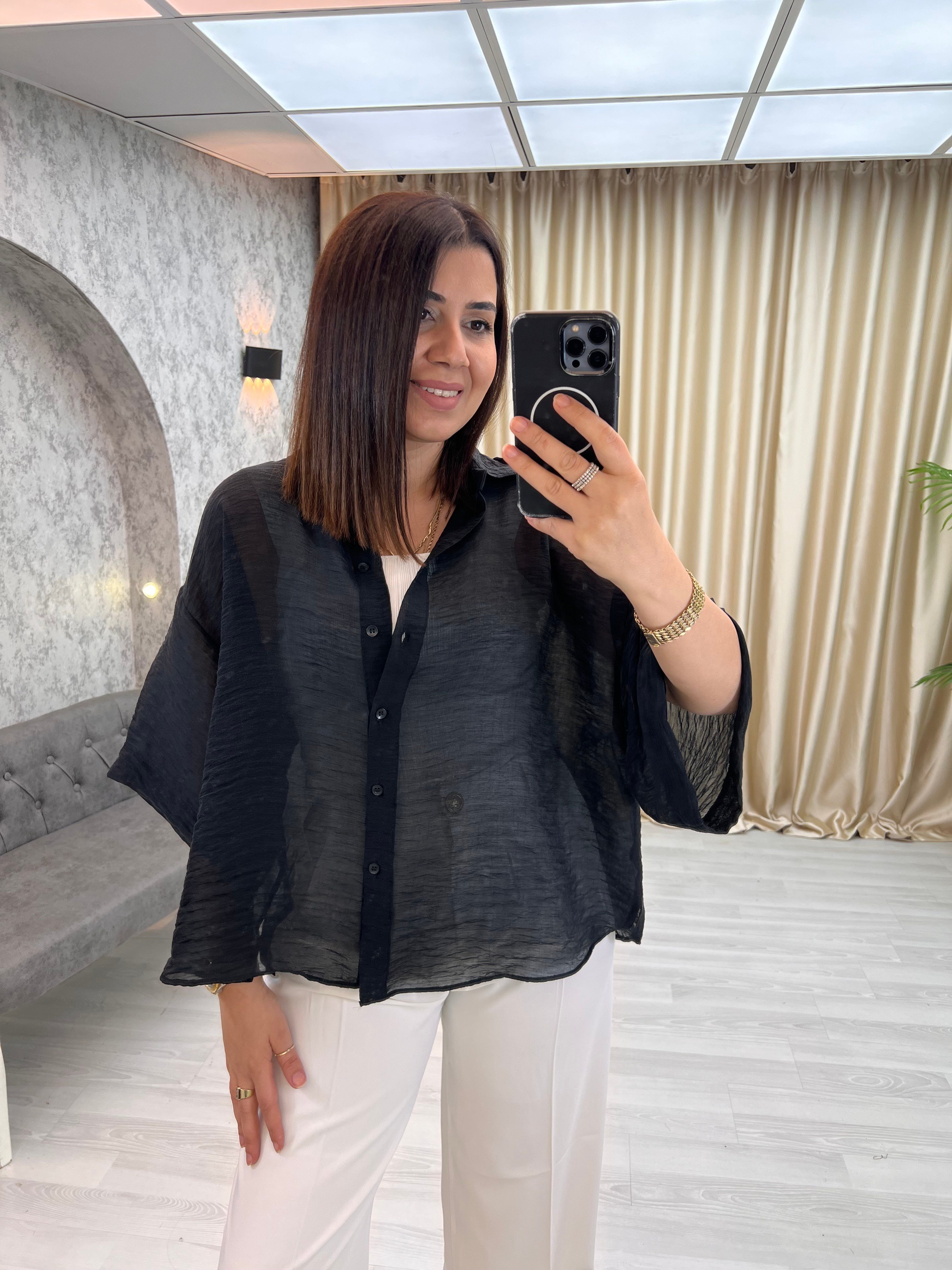 Kısa Kollu İpeksi Gömlek Siyah