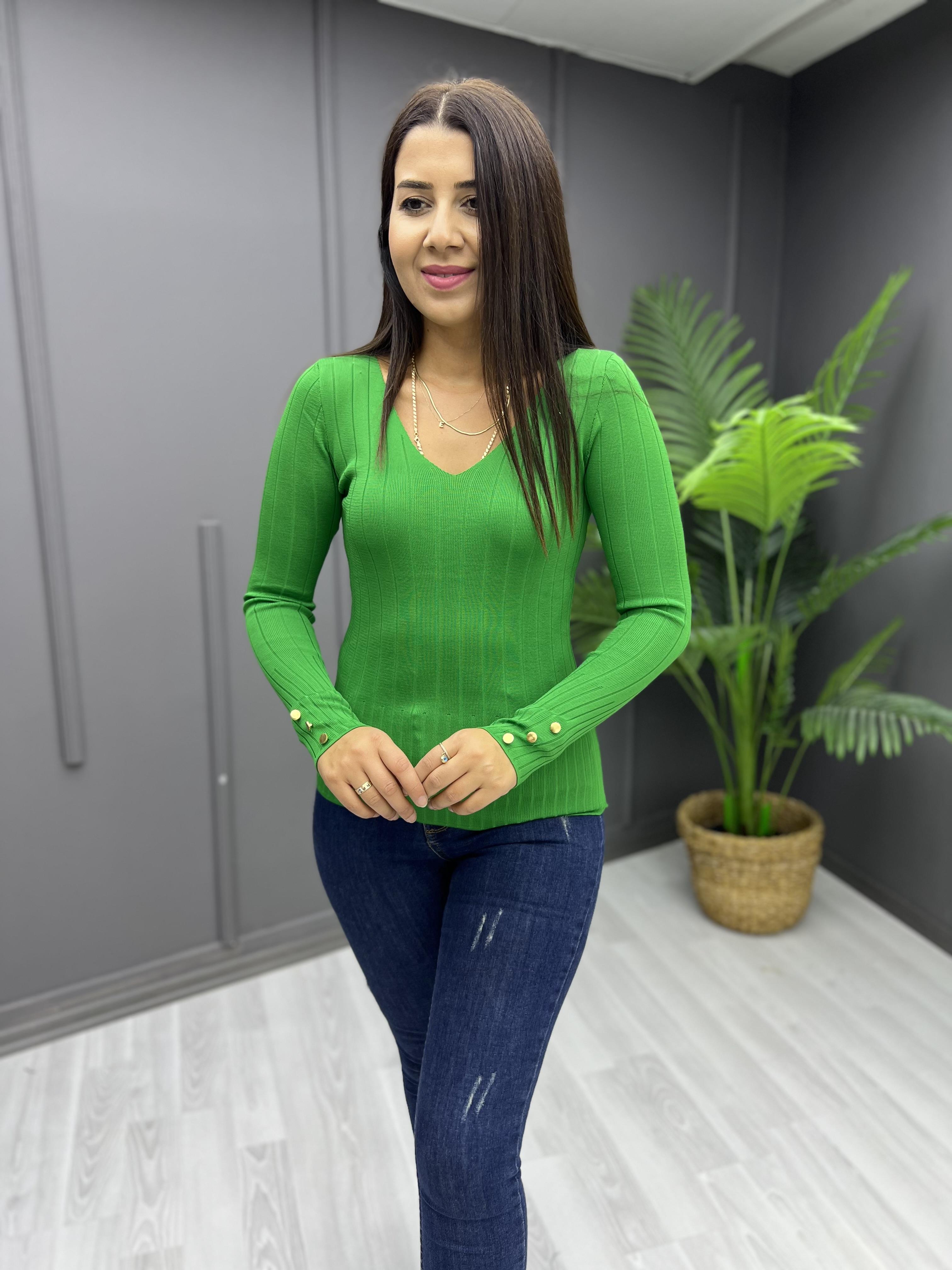 Kolu Düğmeli V Yaka Fitilli Triko Yeşil
