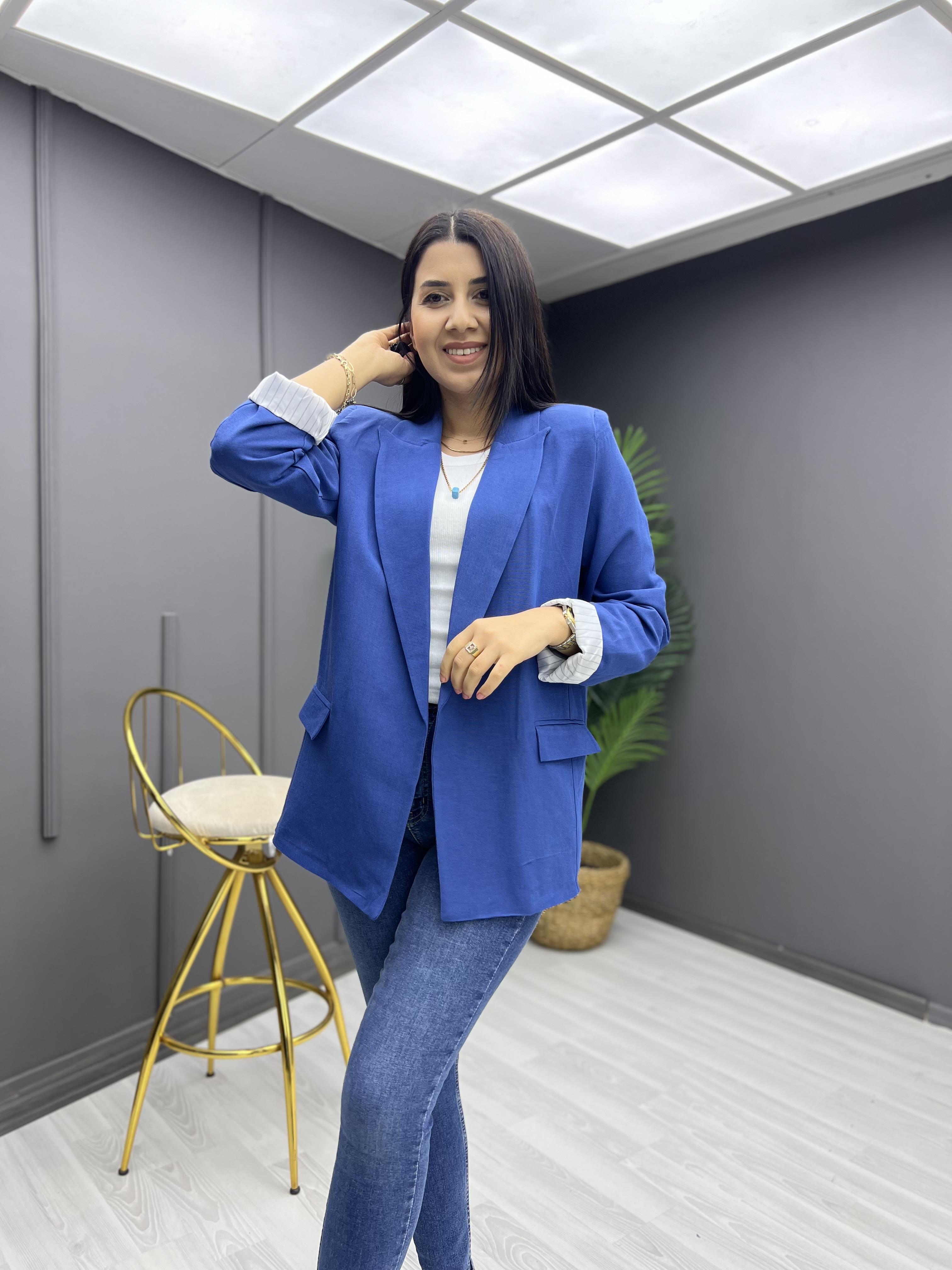 Kolu Katlamalı Keten Ceket İndigo