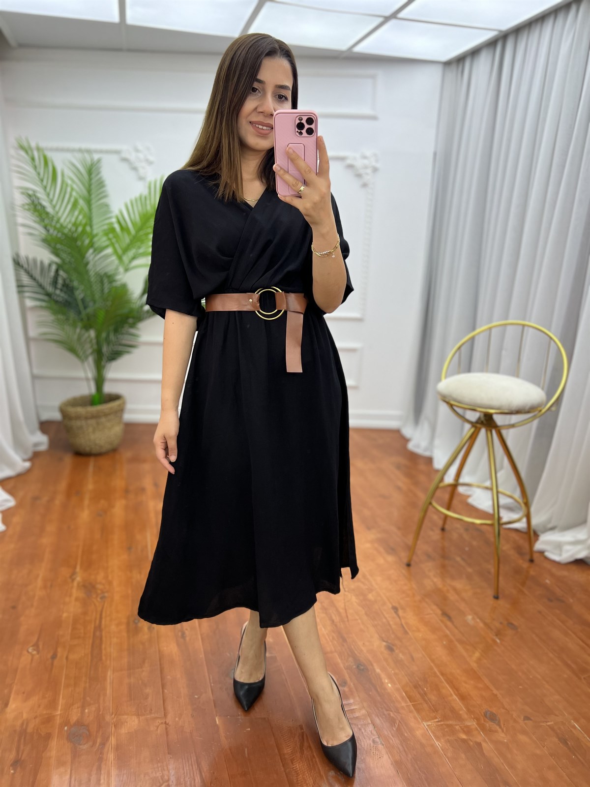 Kruvaze Kemerli Elbise Siyah