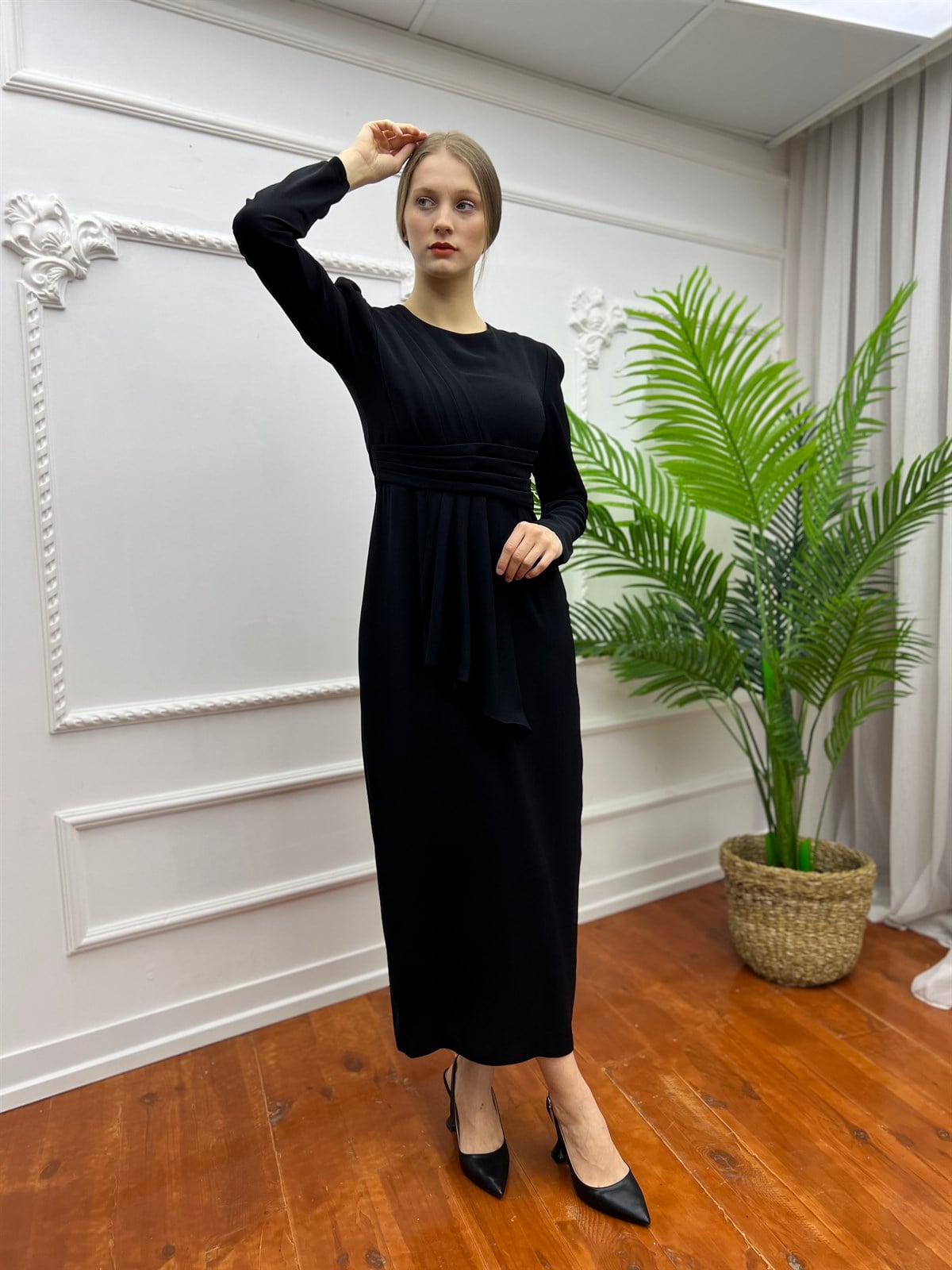 Kuşaklı Drape  Elbise Siyah