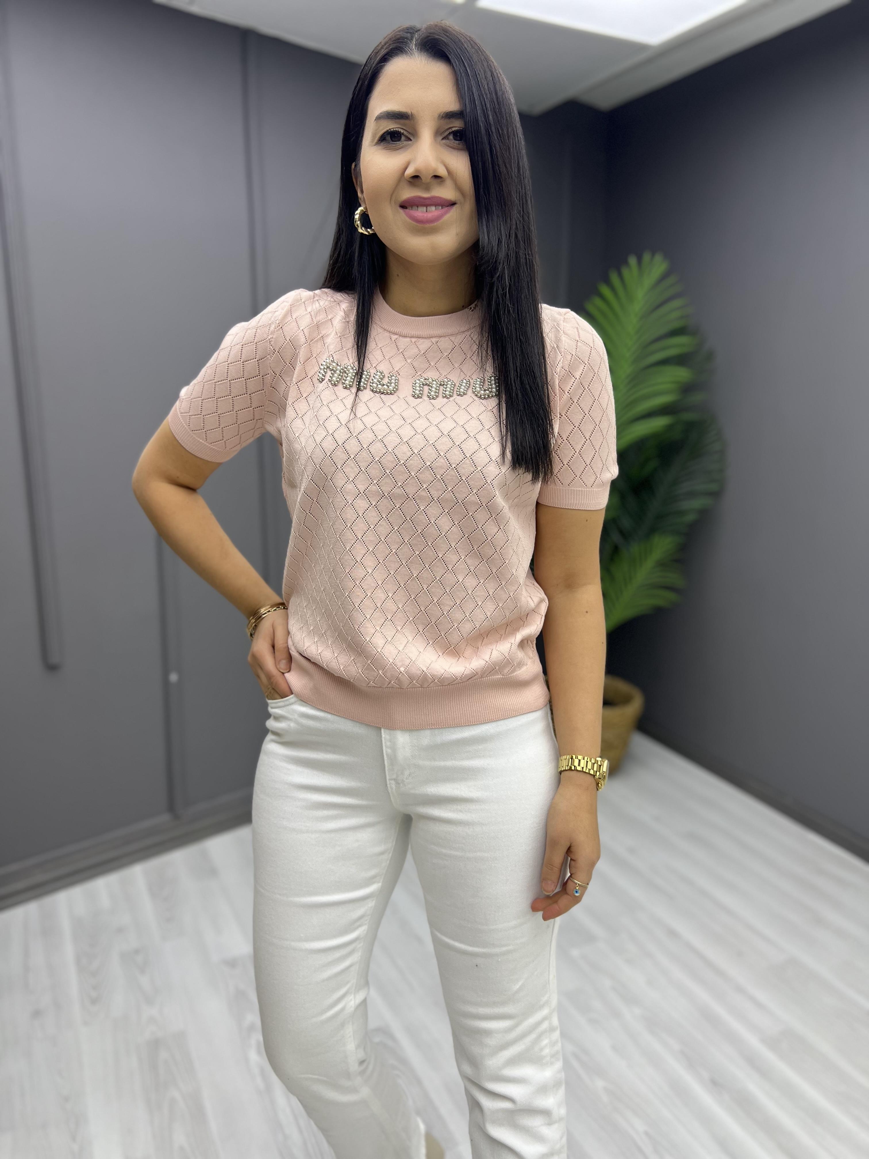 Marka Model Taşlı Triko Bluz Pudra