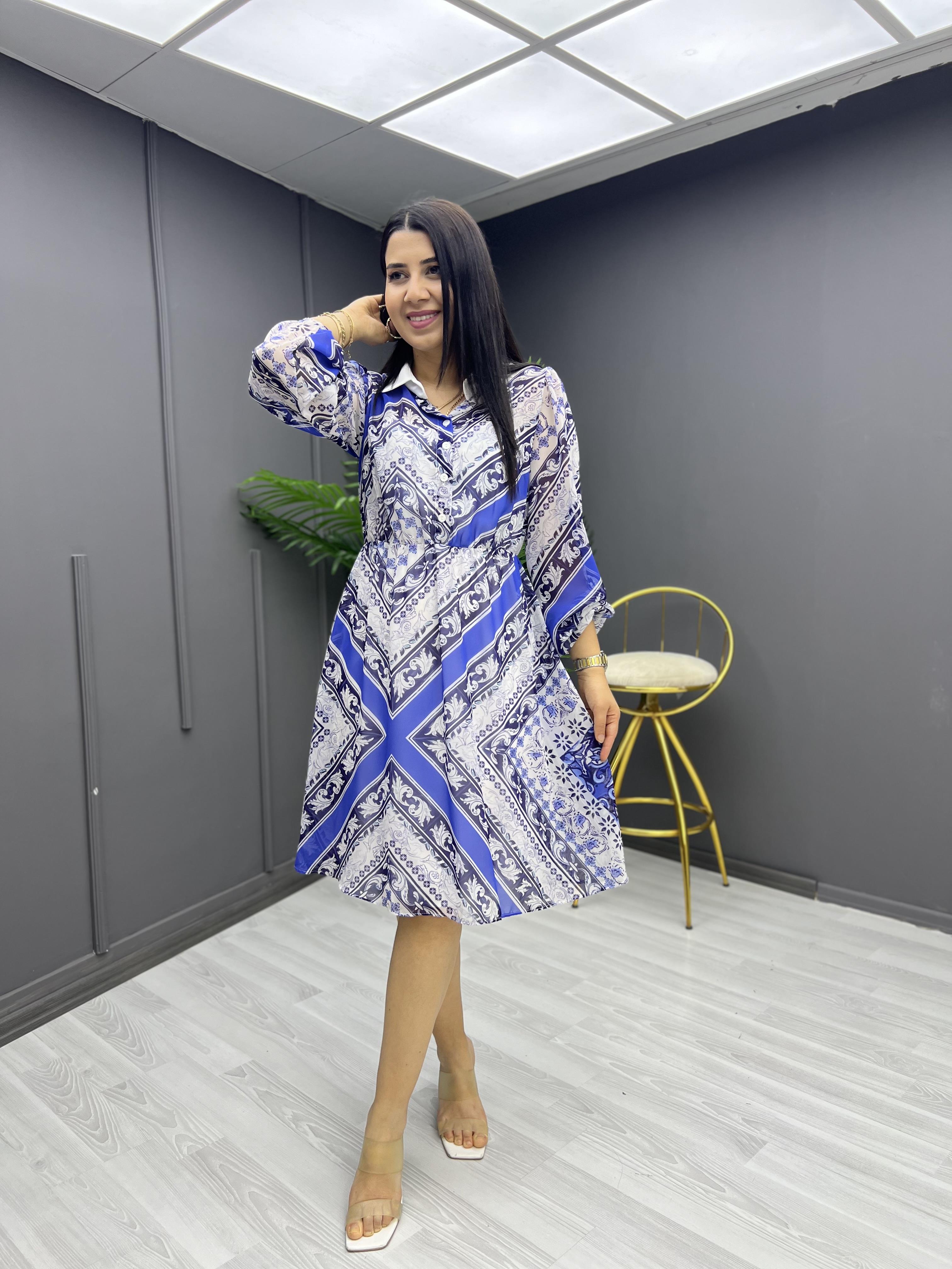 Mavi Desenli Şifon Elbise