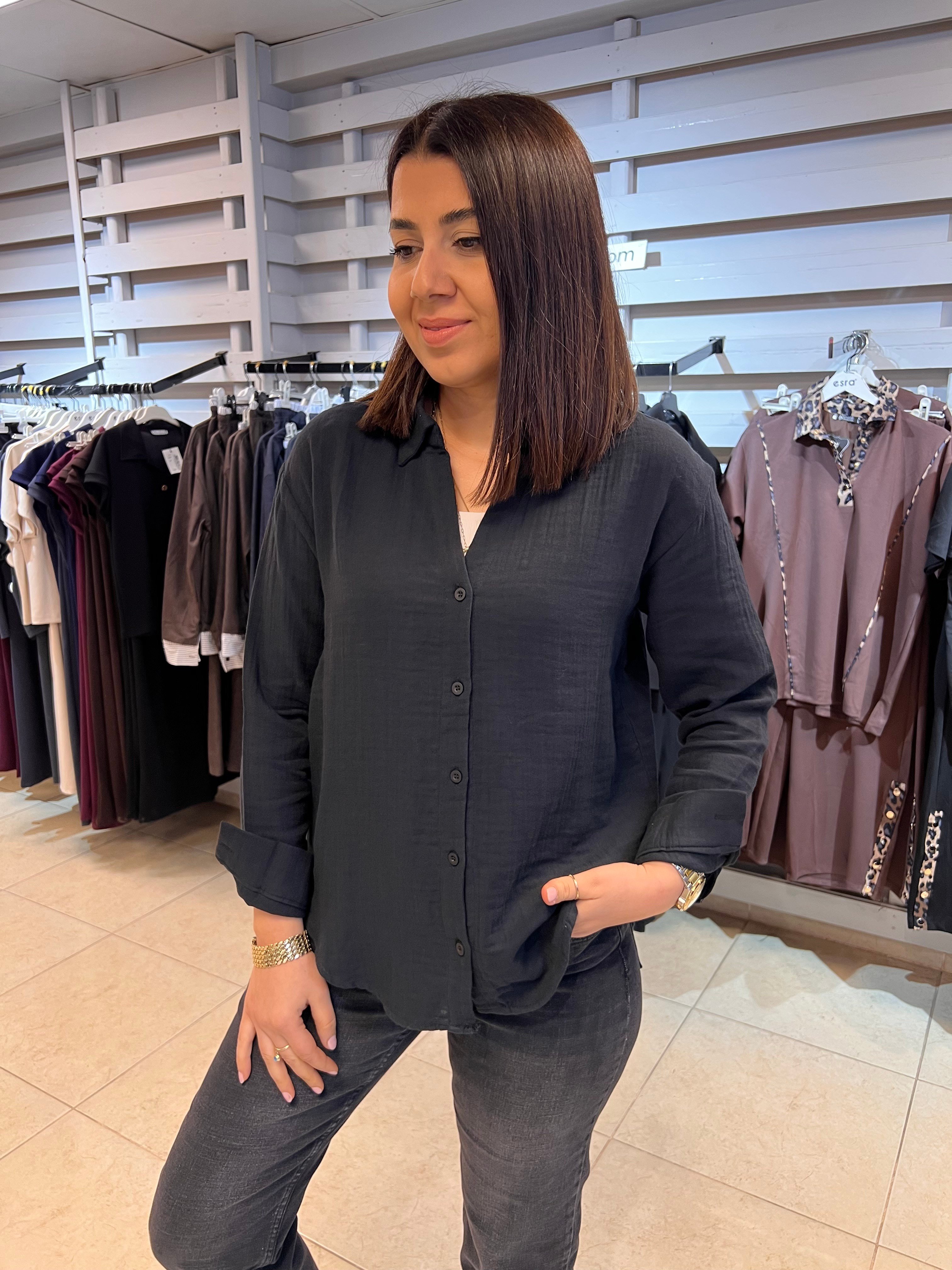 Müslin V Yaka Gömlek Siyah