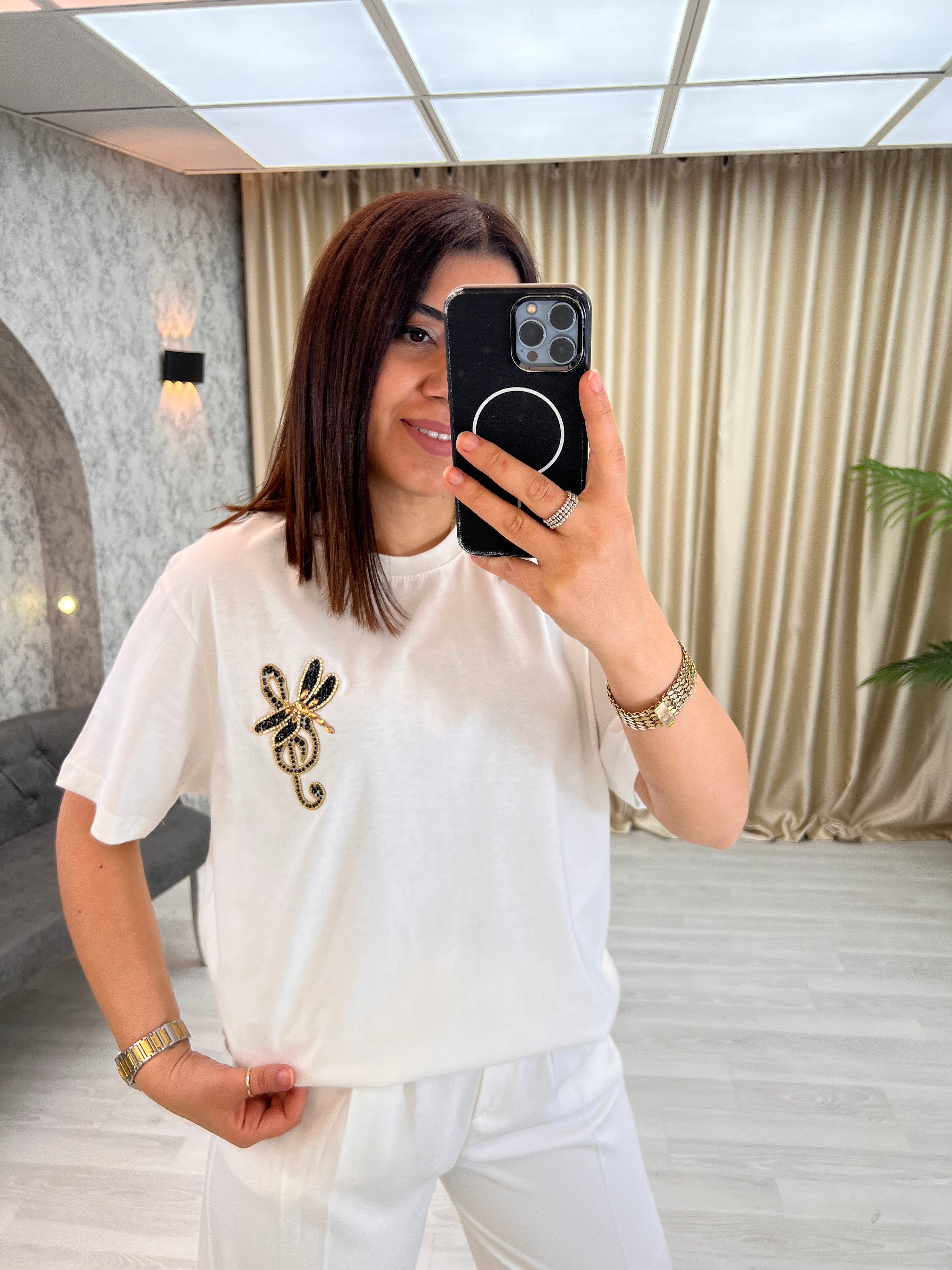 Notalı Kuşlu Tişört Beyaz