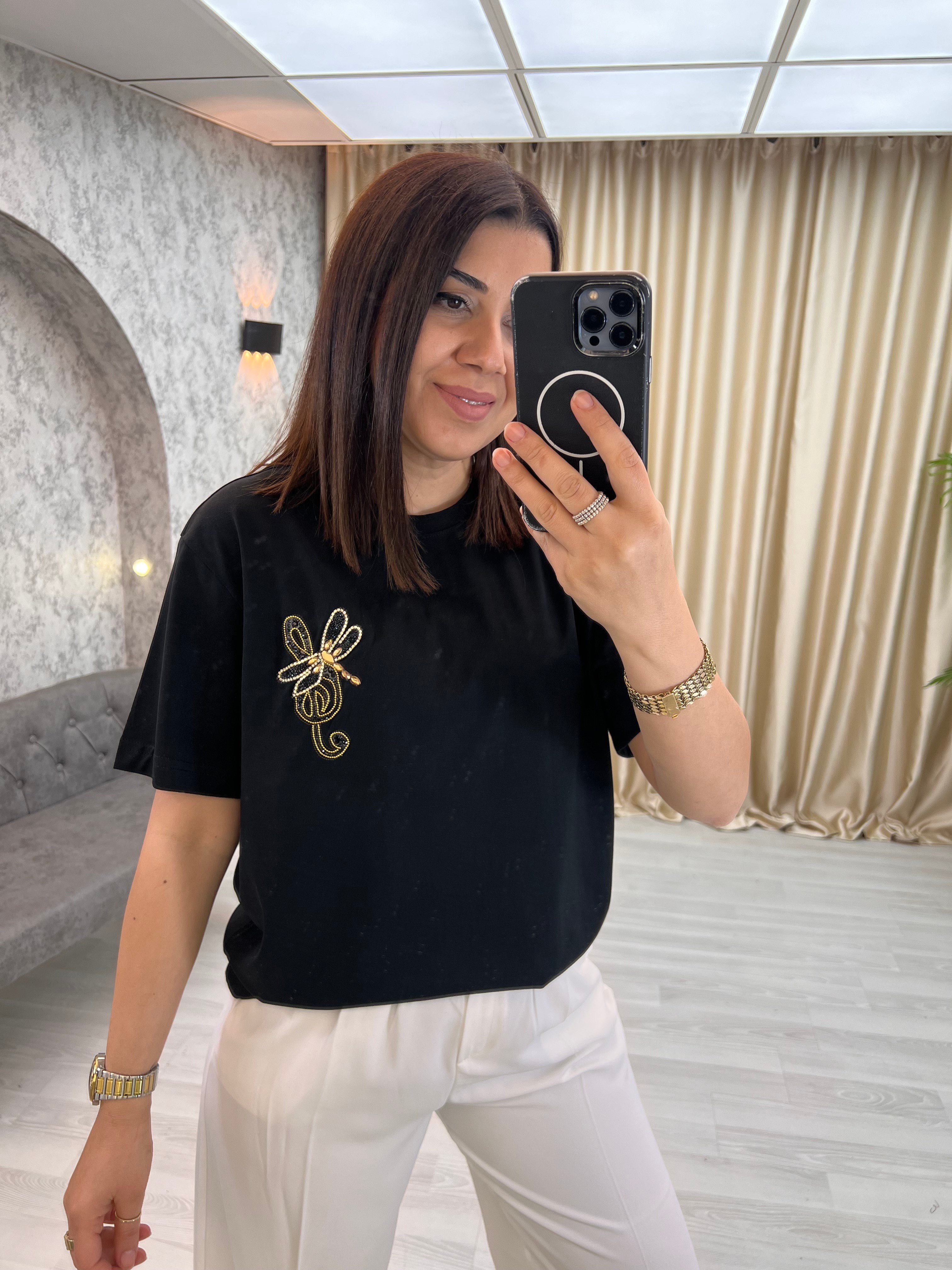 Notalı Kuşlu Tişört Siyah