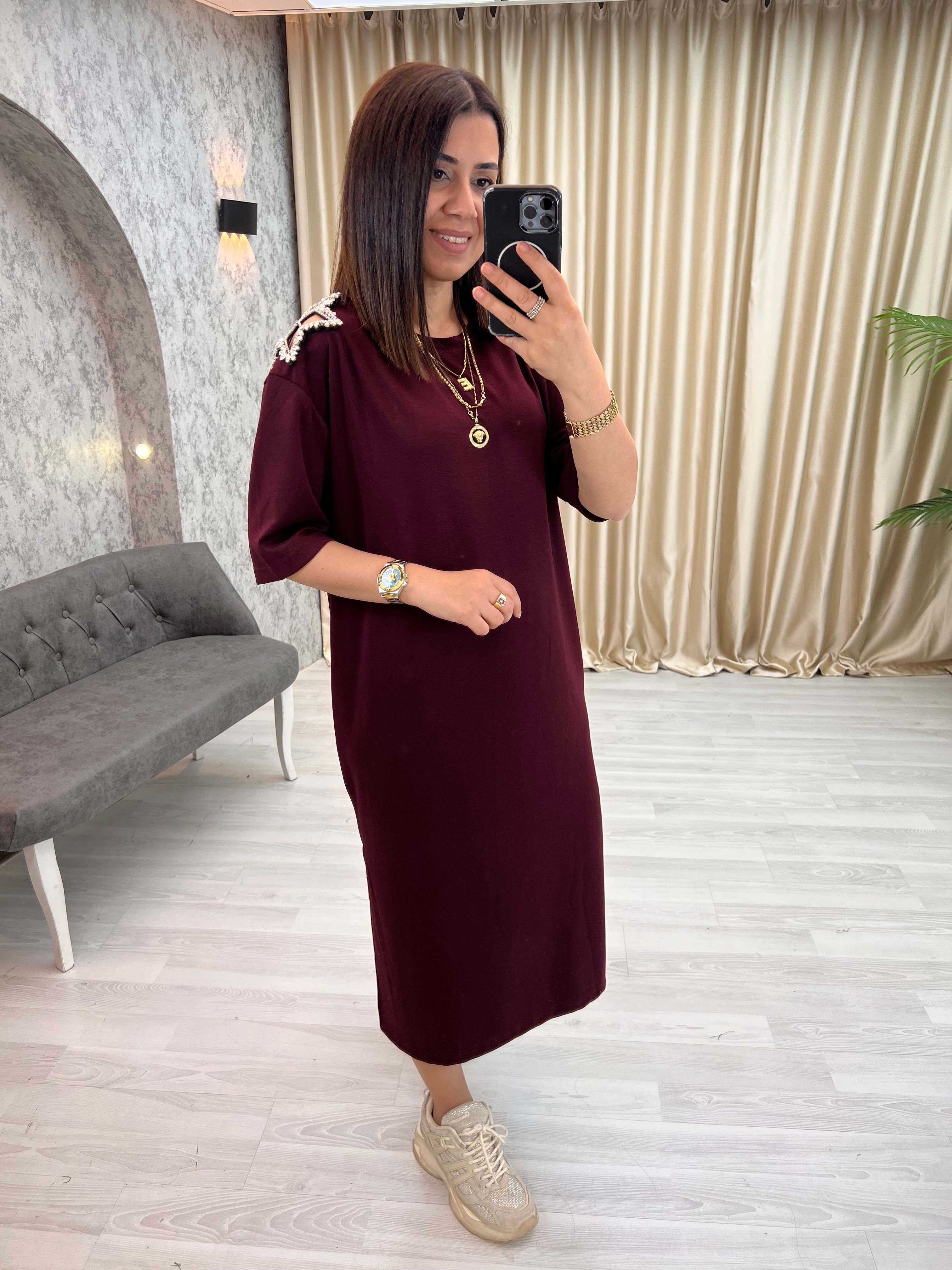 Omuz Taşlı Modal Elbise Bordo