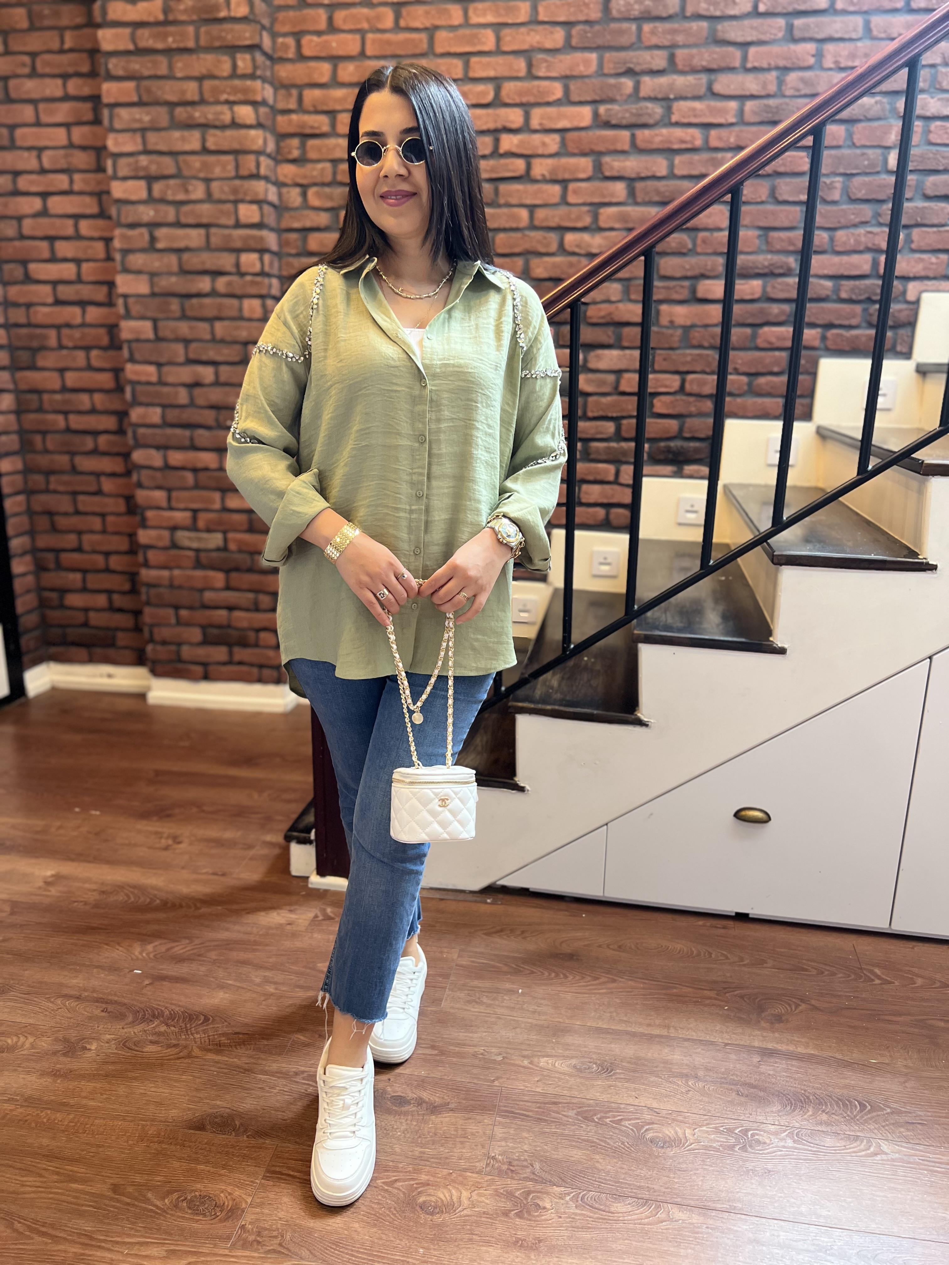 Omuzları Taş Detay Ayrobin Gömlek Mint Yeşili