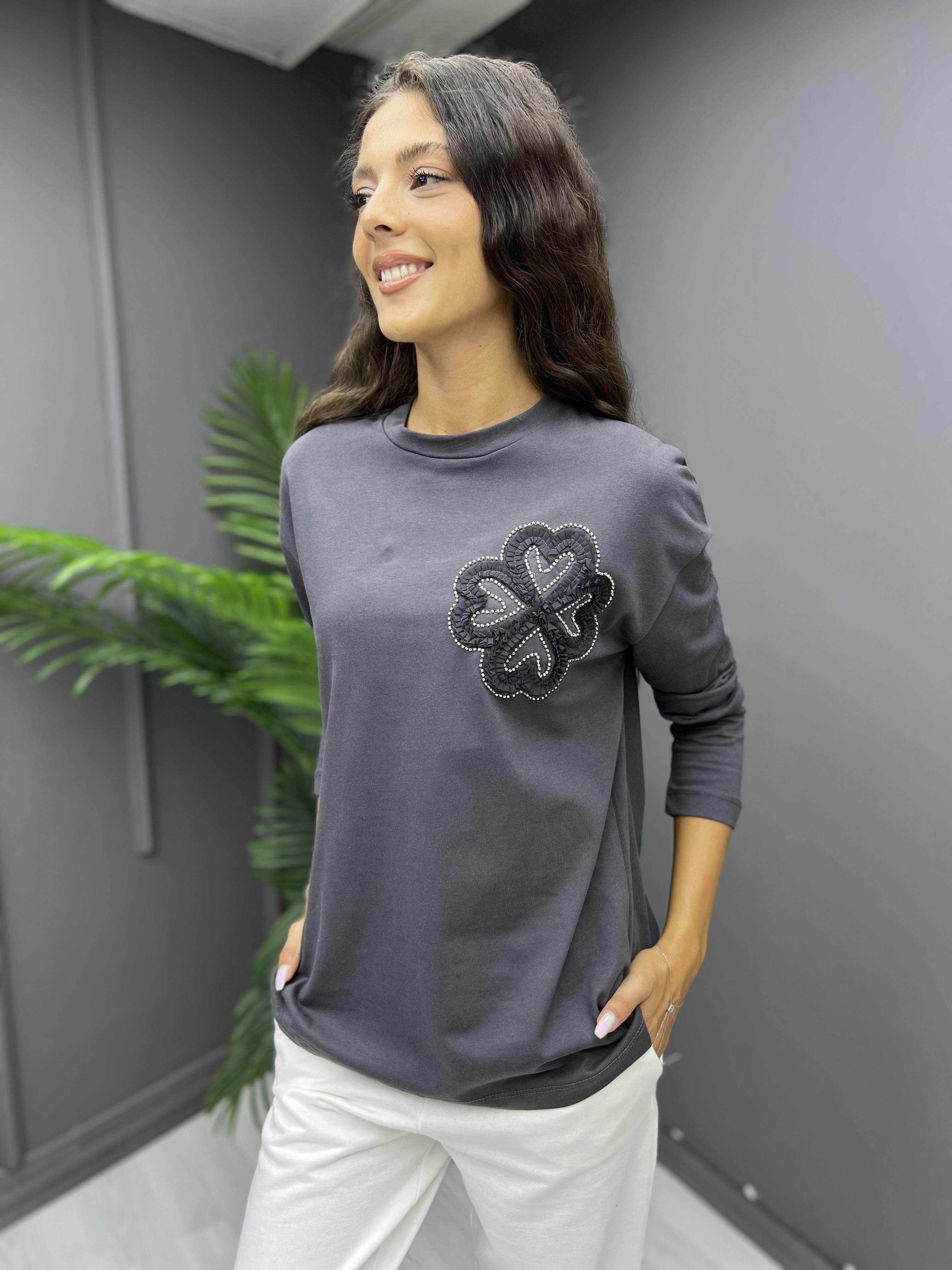 Omzu Çiçek işleme Sweat Antrasit