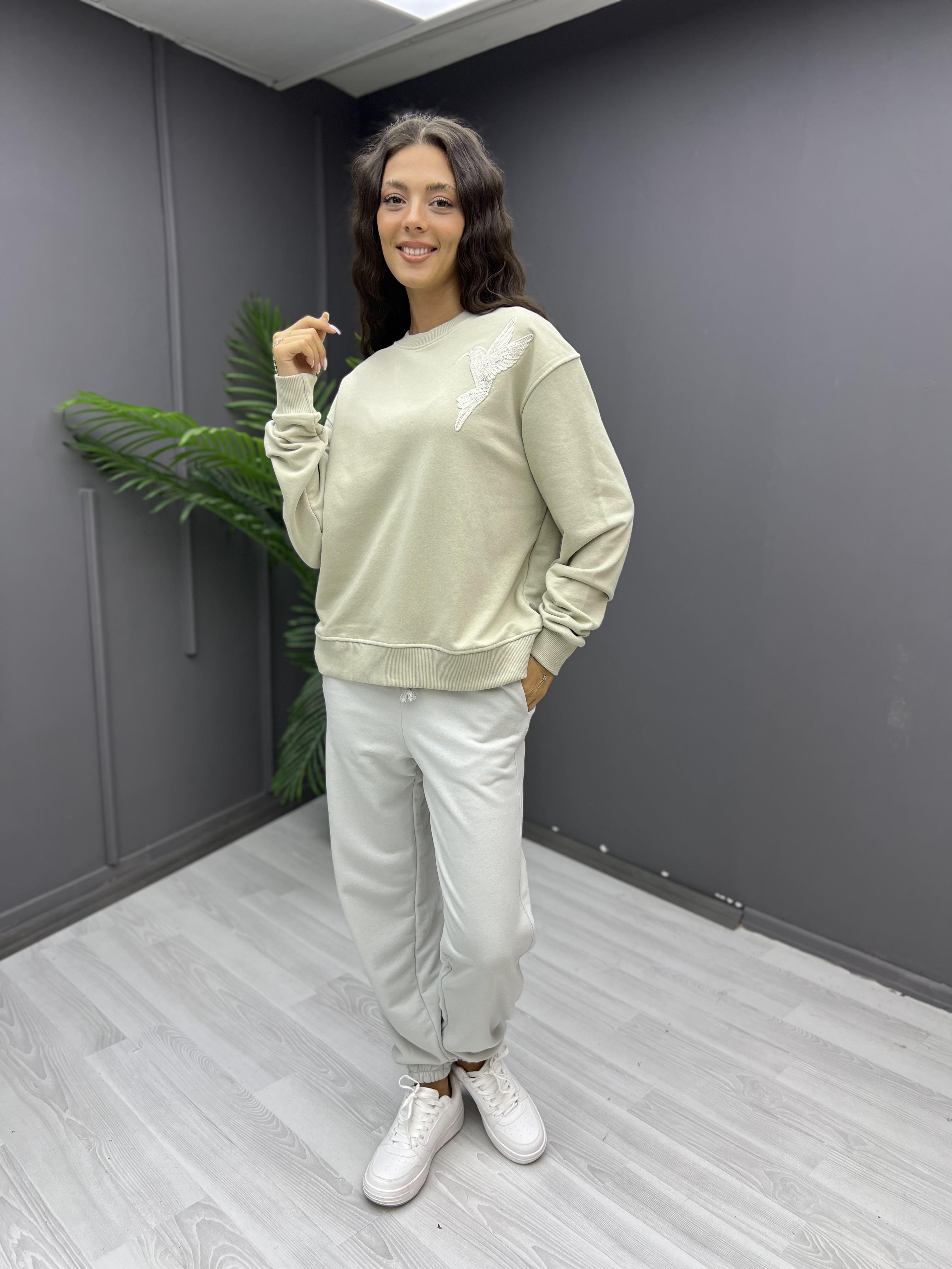 Omzu Kuş İşleme Sweat Küfyeşili