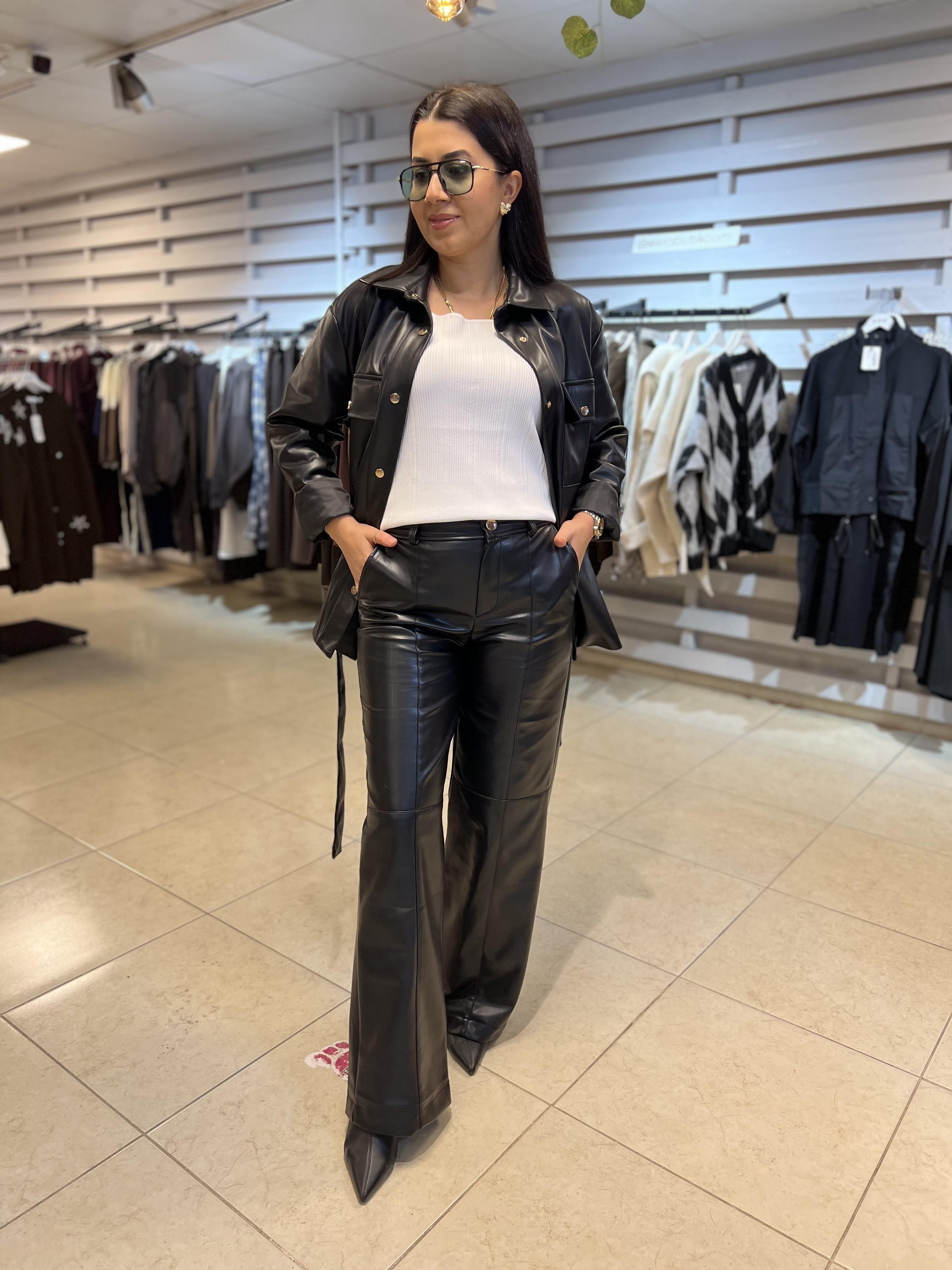 Önden Dikişli Deri Pantolon Siyah