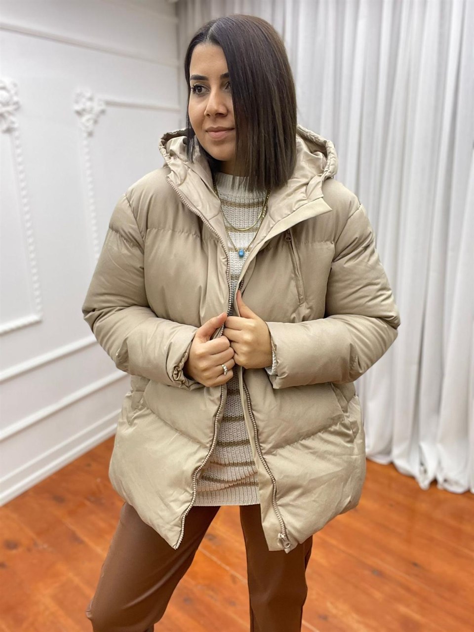 Oversize Kapişonlu Mont Bej