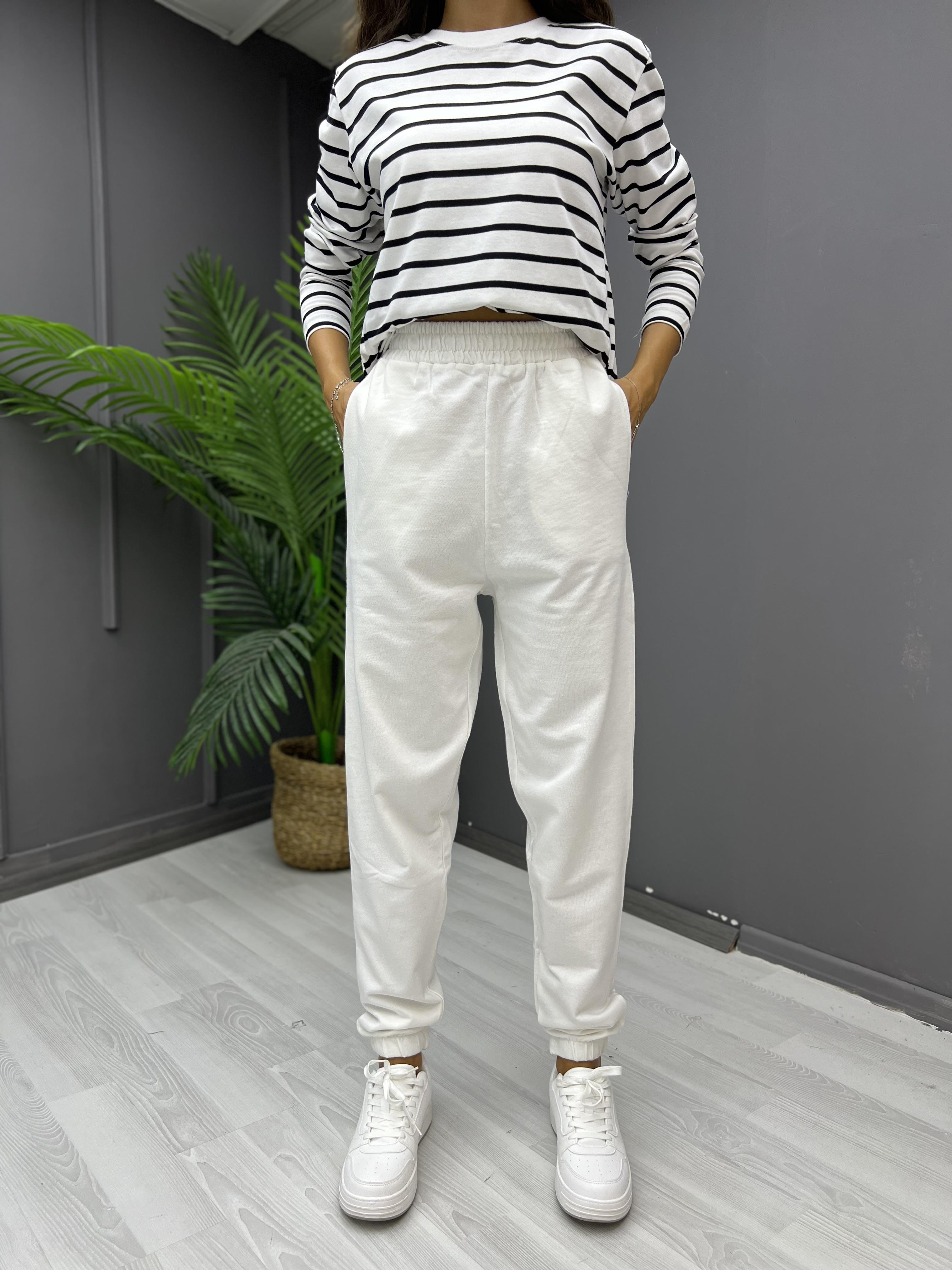 Paça Lastikli Pamuklu Eşofman Altı Ekru