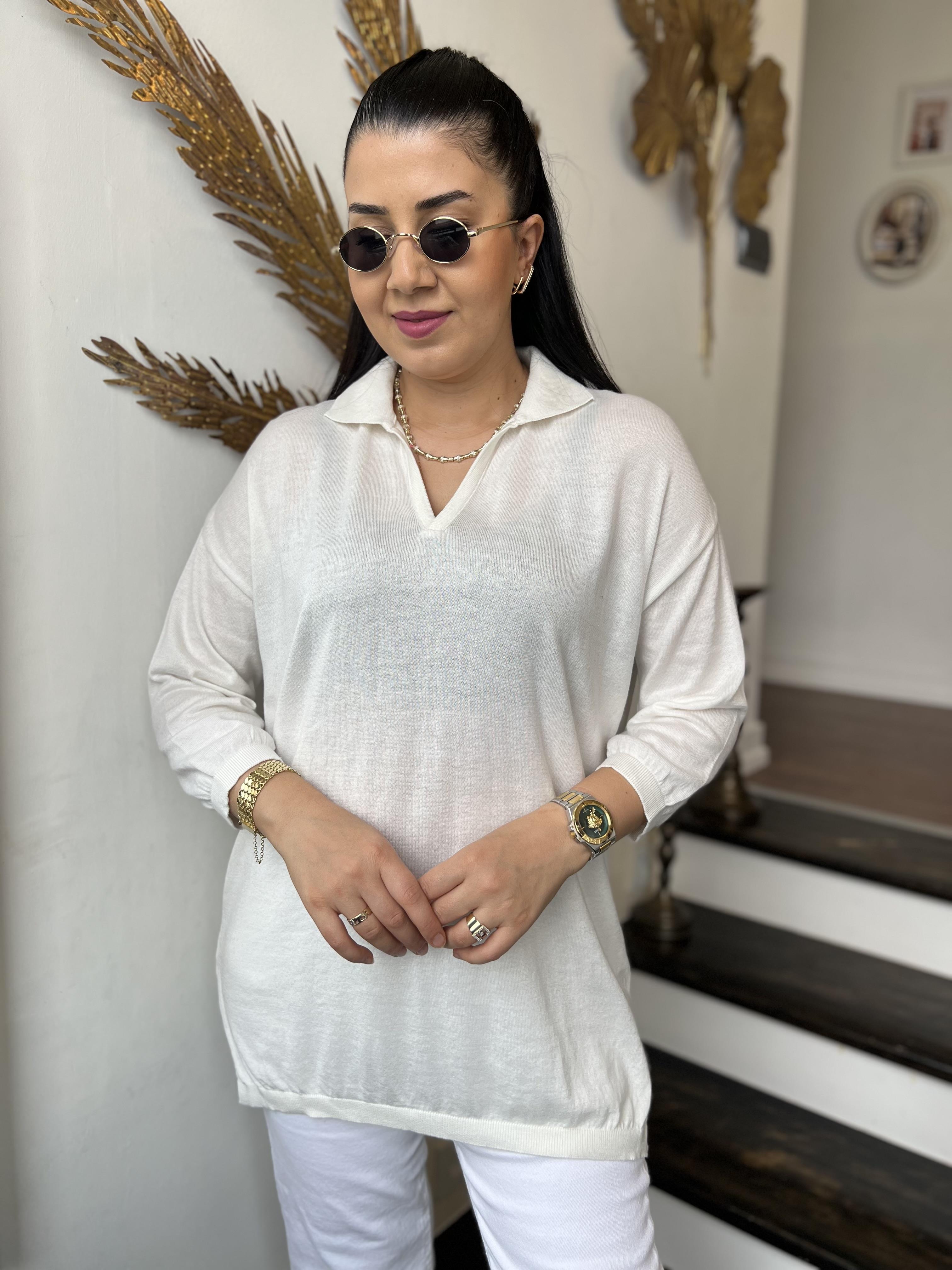 Pamuk Polo Yaka Triko Bluz Ekru