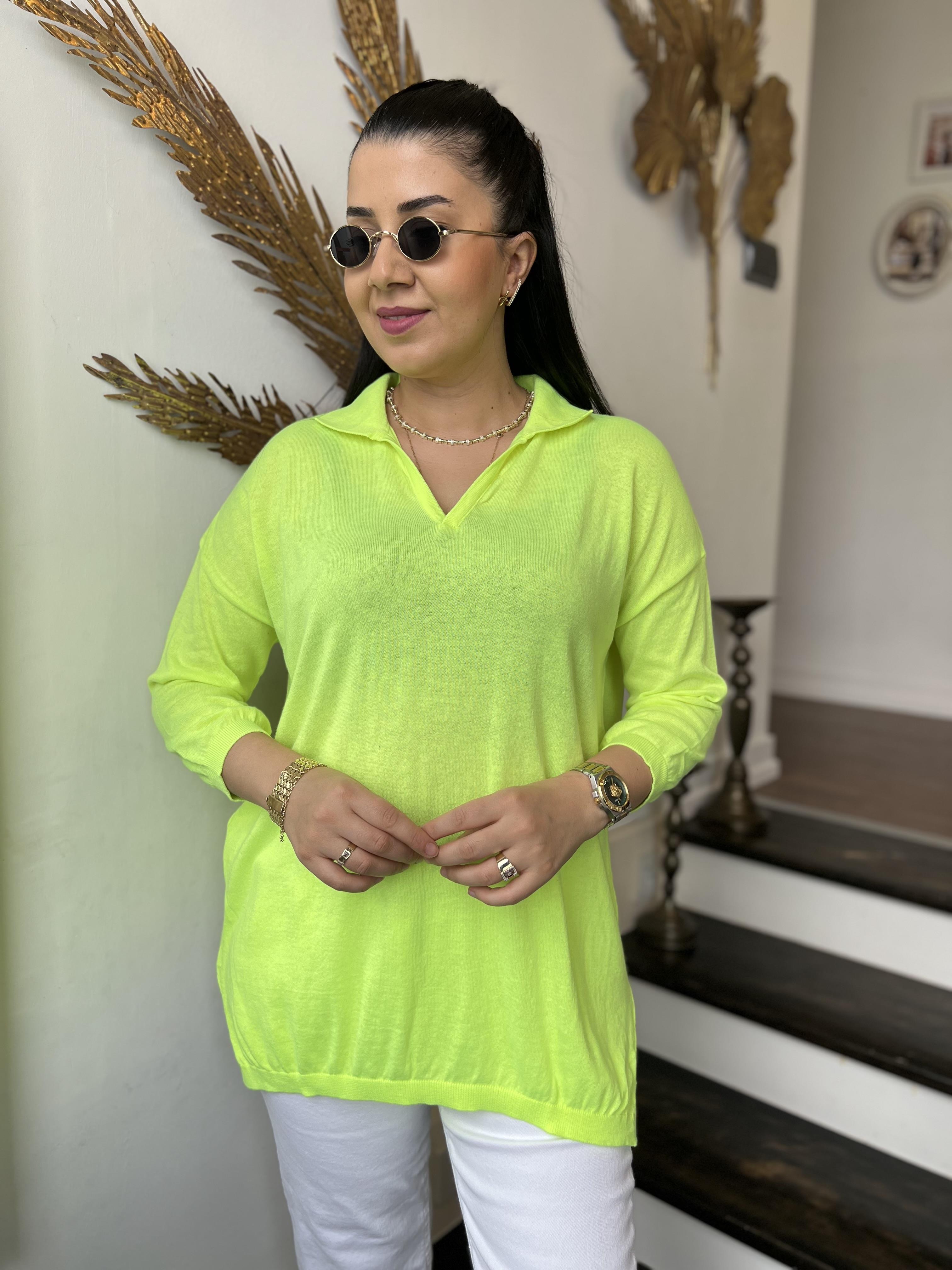 Pamuk Polo Yaka Triko Bluz Neon Yeşil