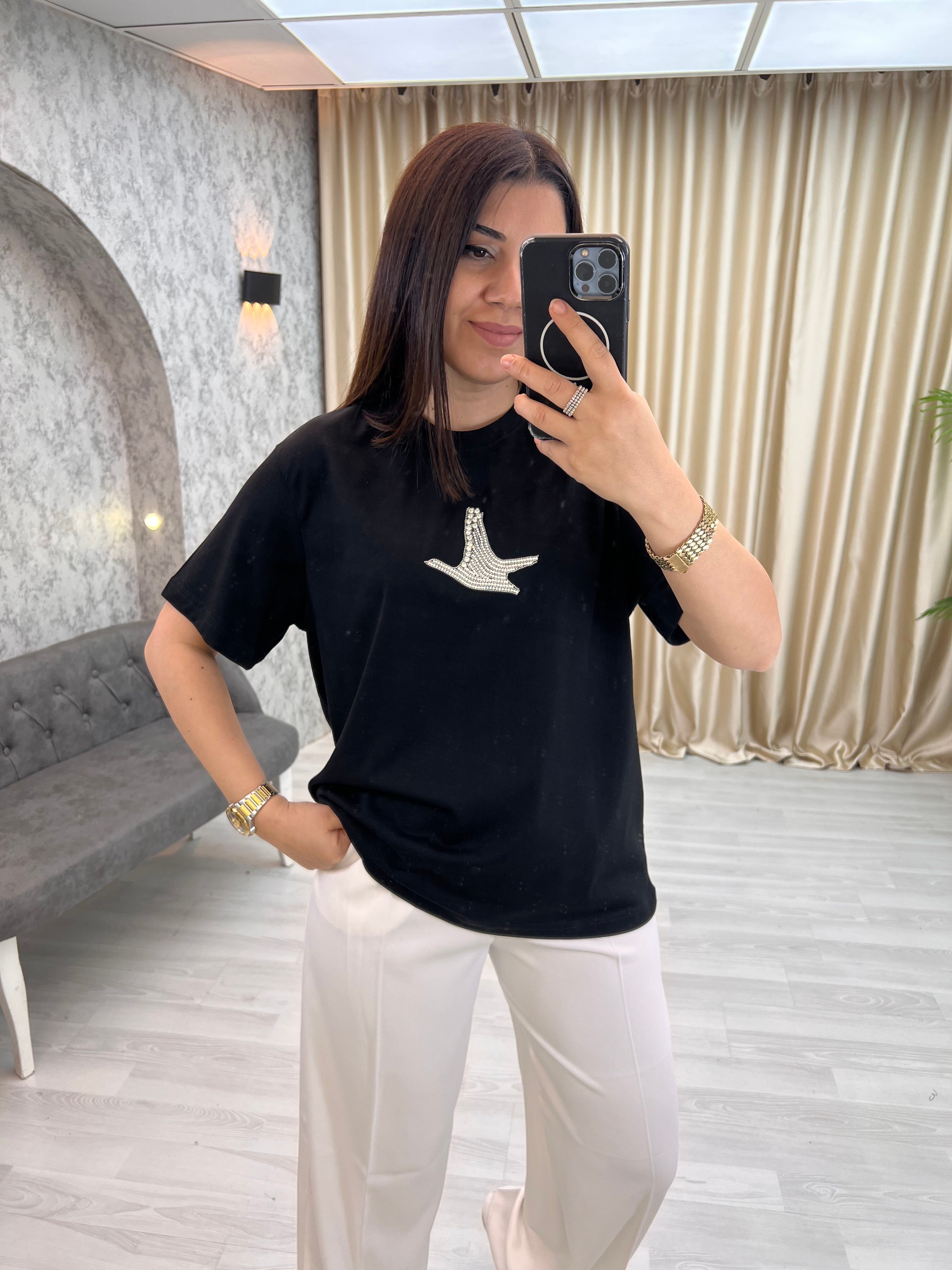 Parlak Taşlı Kuş Tişört Siyah