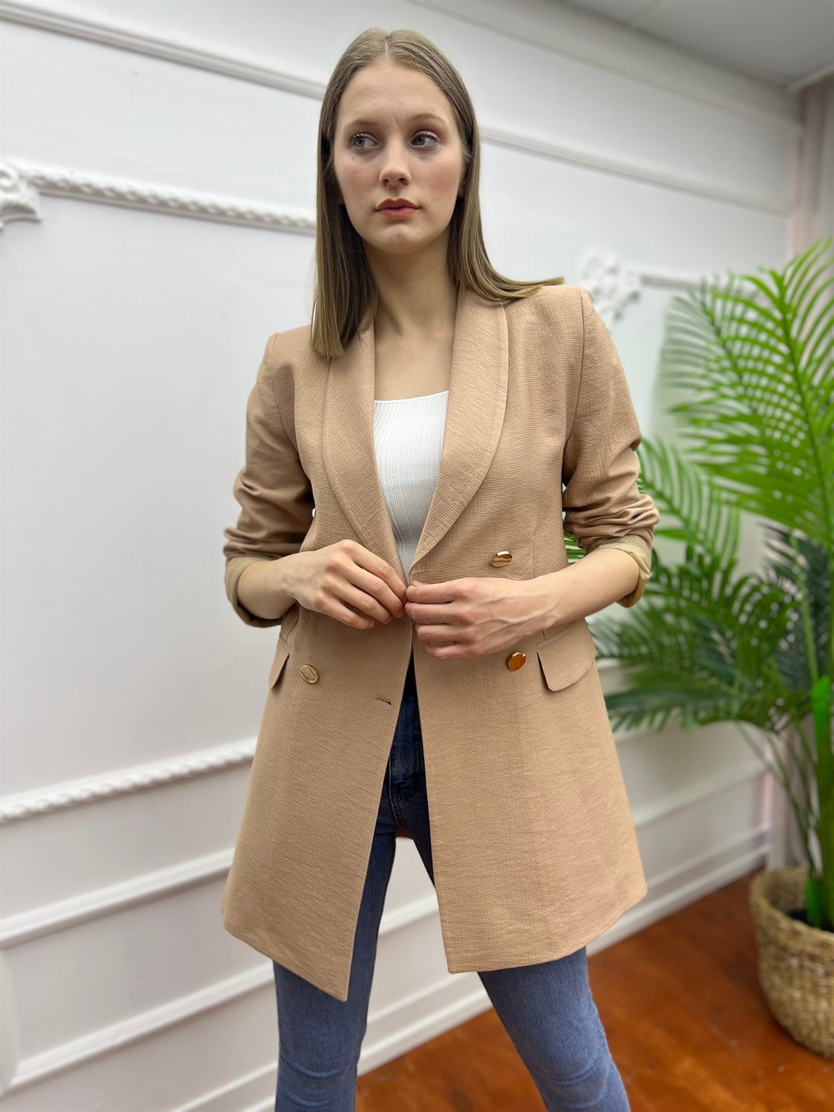 Petek Kumaş Astarlı Bazer Ceket Vizon