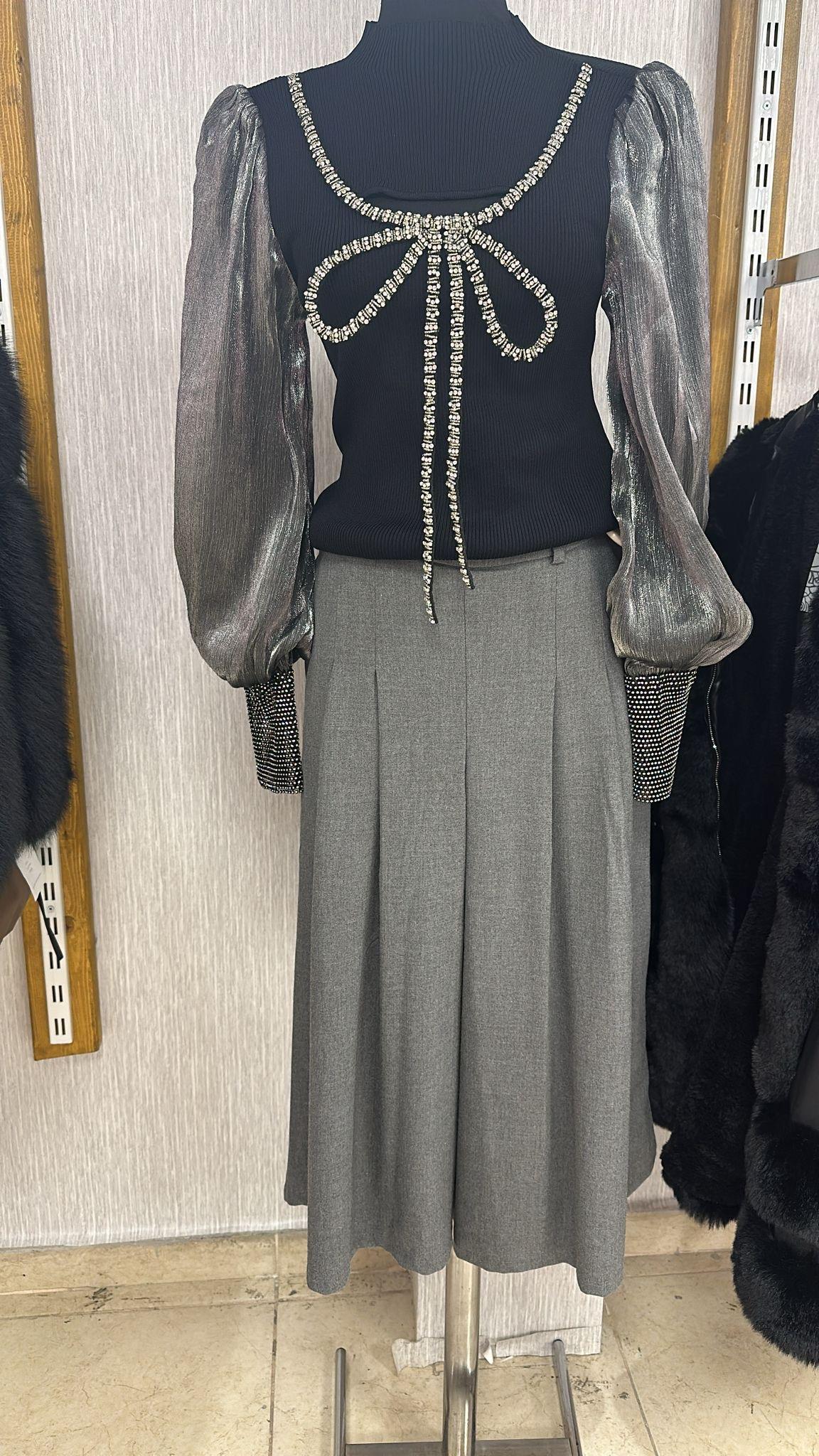 Pileli Etek Pantolon Gri