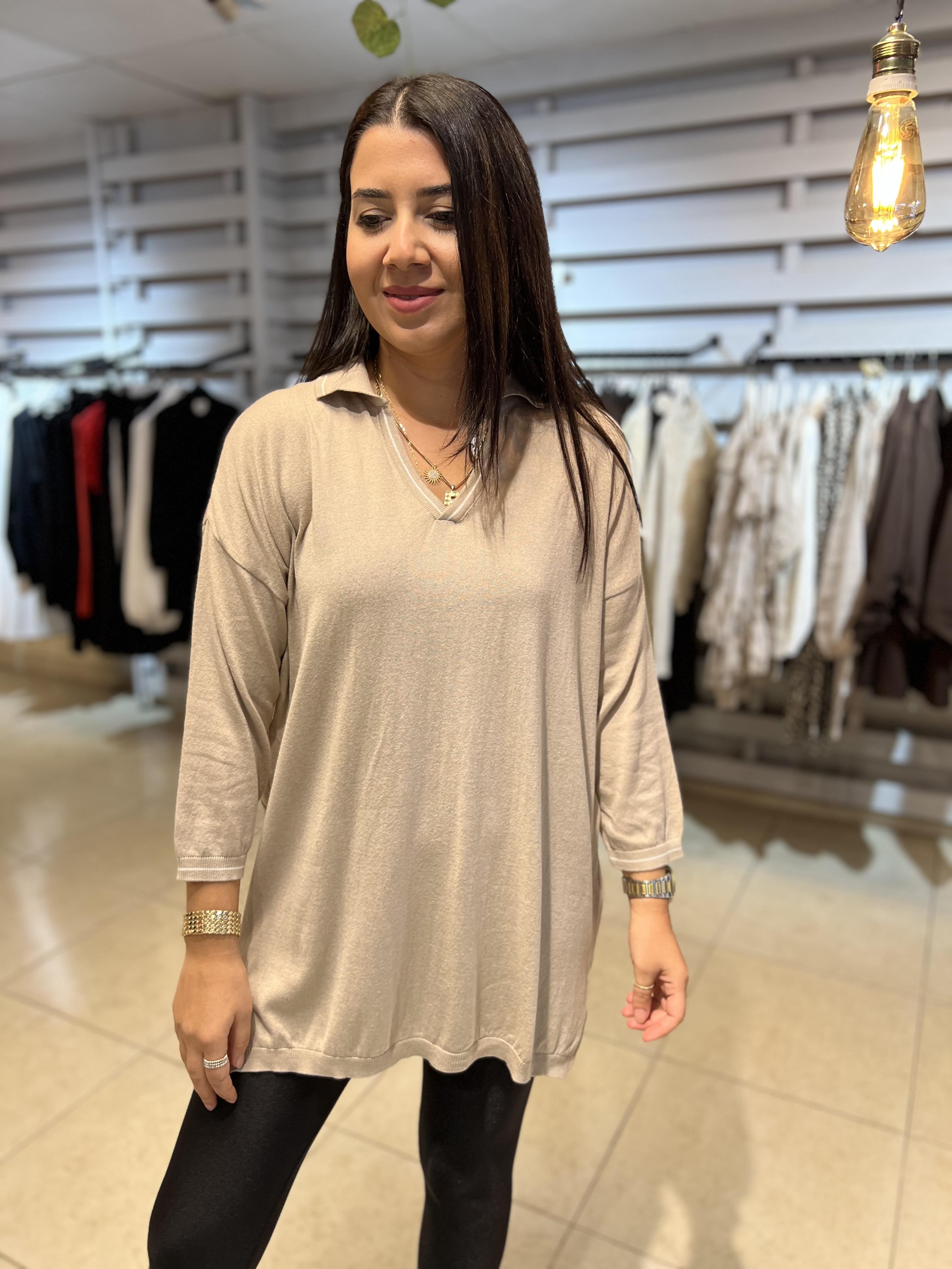 Polo Yaka Biyeli Pamuk Triko Bluz Bej