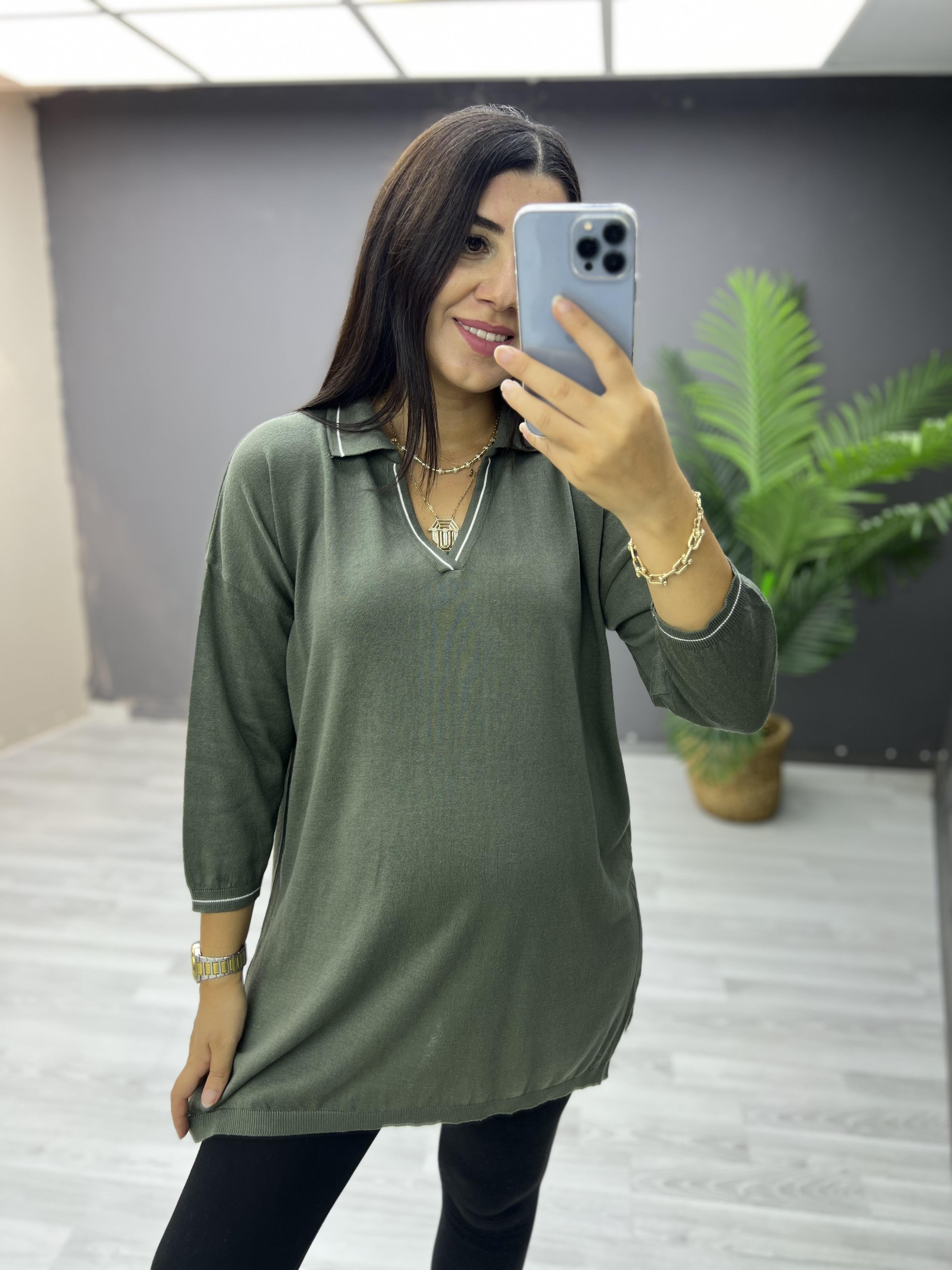 Polo Yaka Biyeli Pamuk Triko Bluz Haki