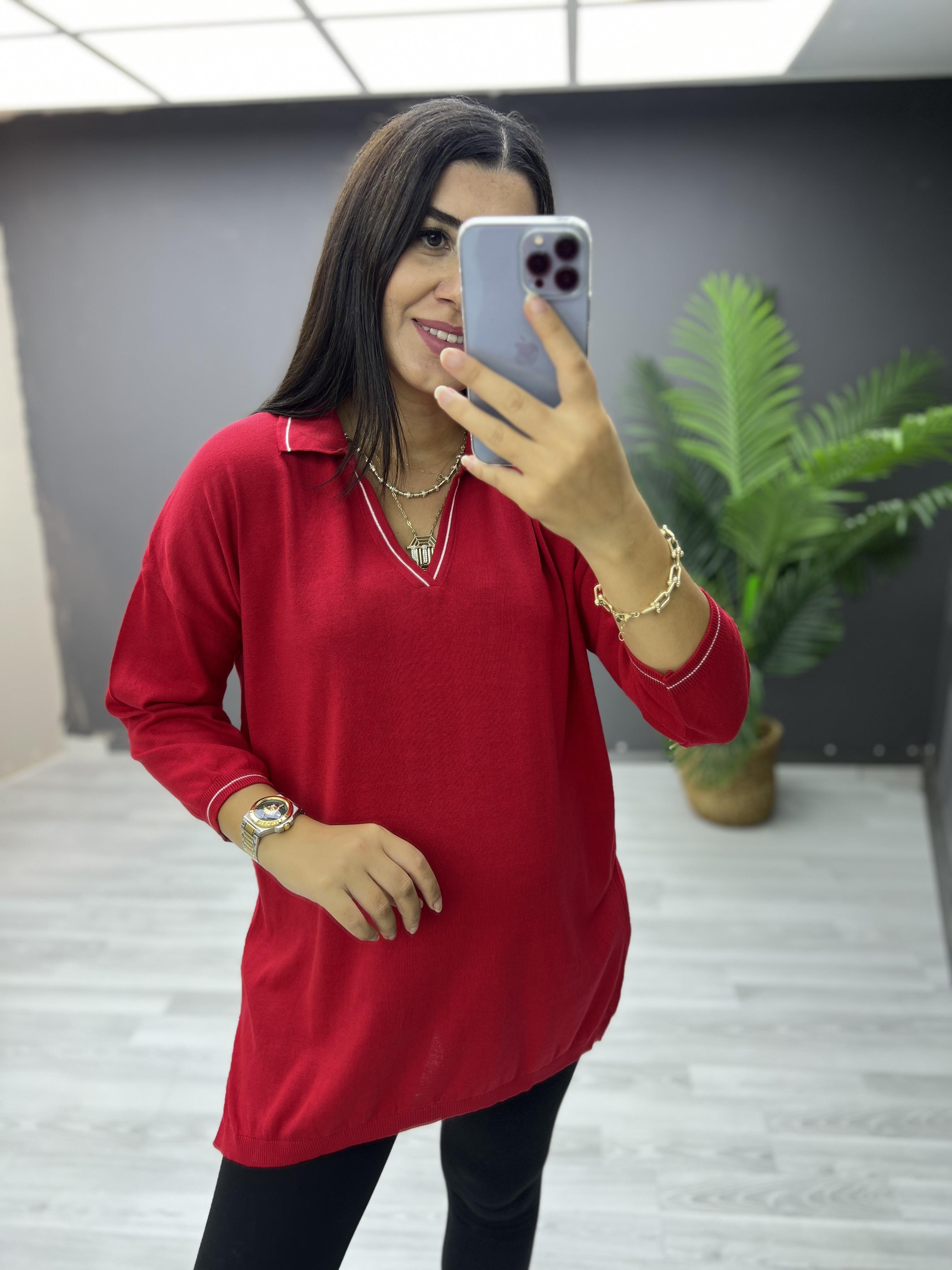 Polo Yaka Biyeli Pamuk Triko Bluz Kırmızı