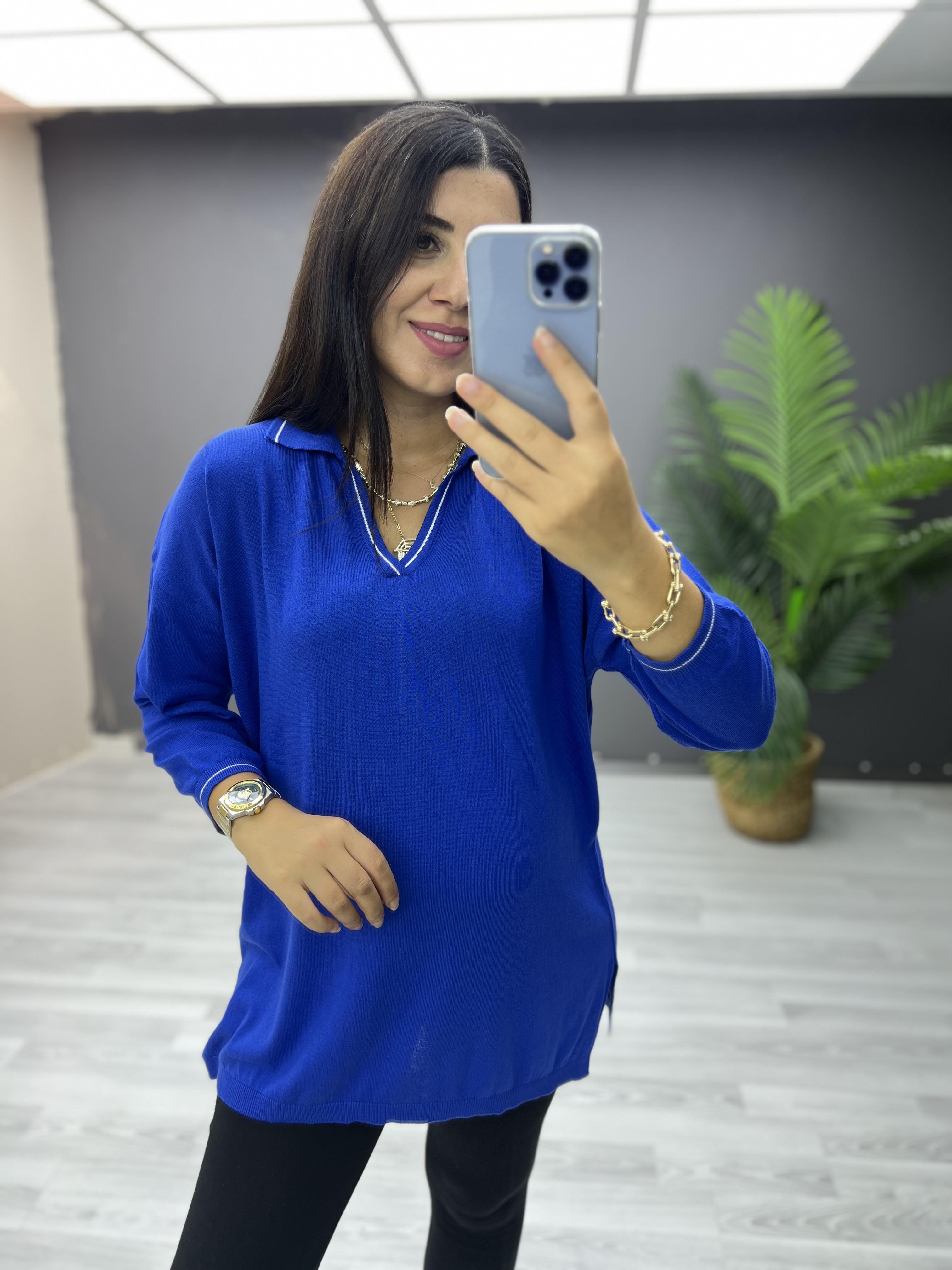 Polo Yaka Biyeli Pamuk Triko Bluz Saks