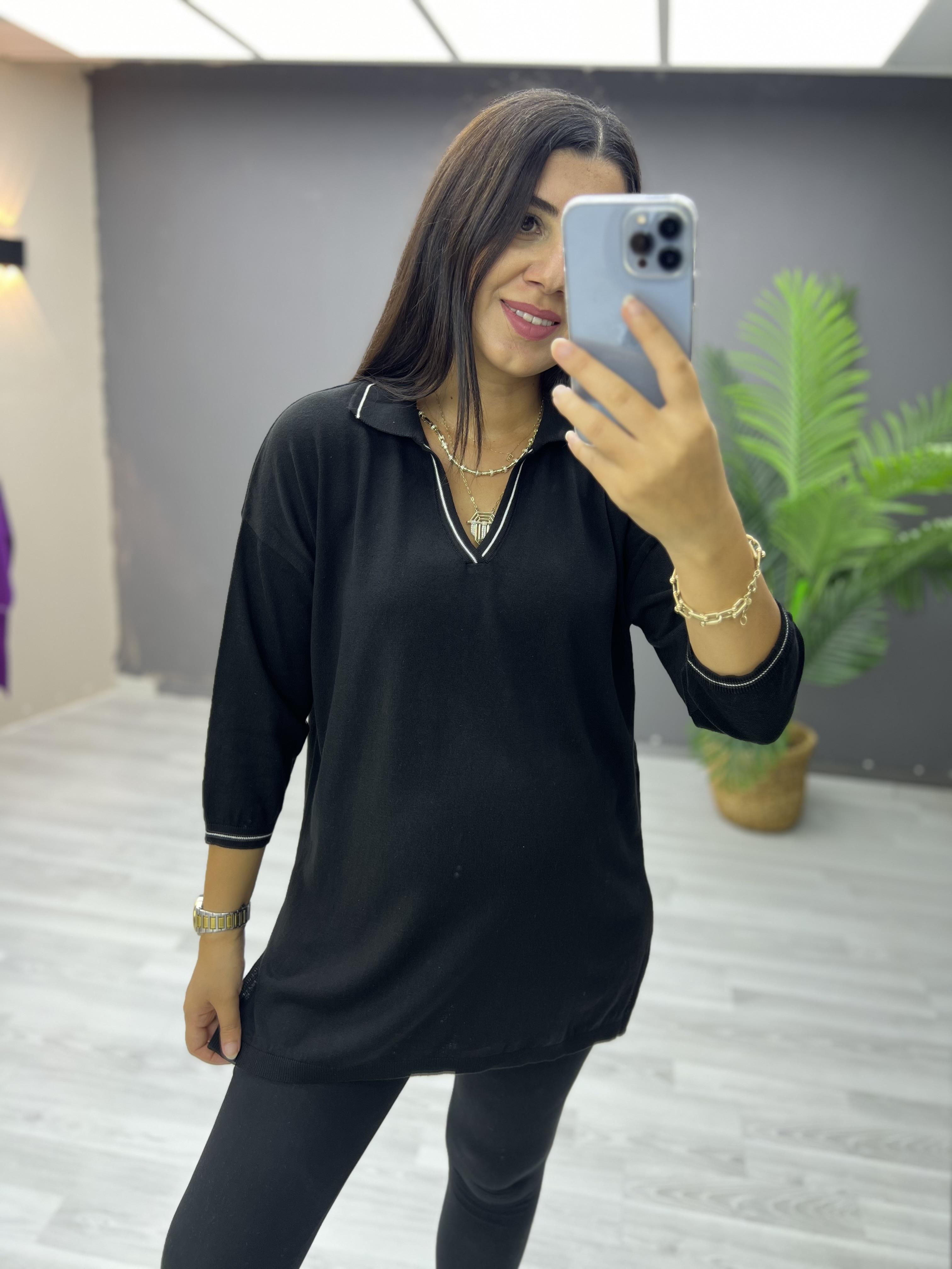 Polo Yaka Biyeli Pamuk Triko Bluz Siyah