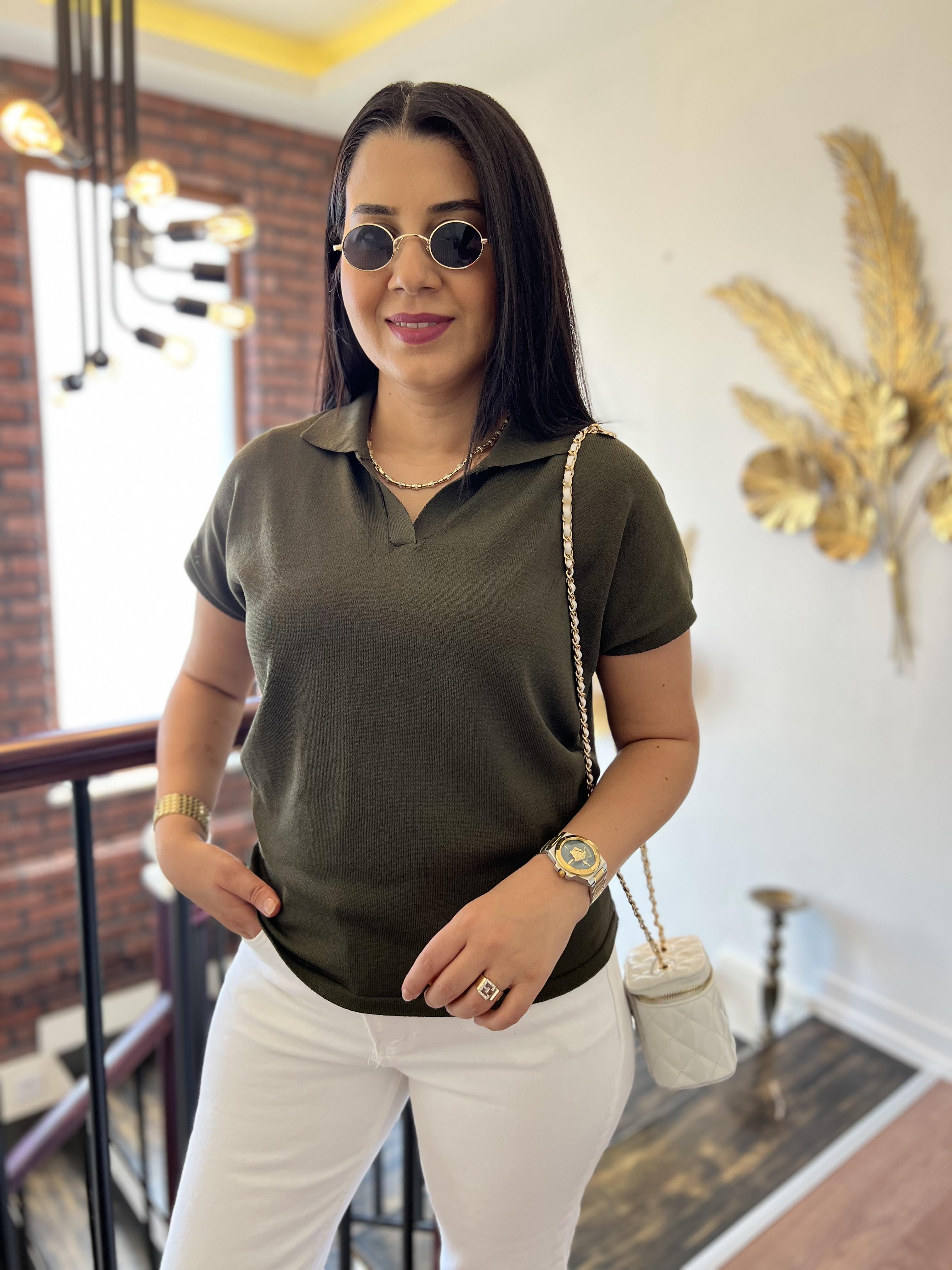 Polo Yaka Kısa Kollu Triko Bluz Haki