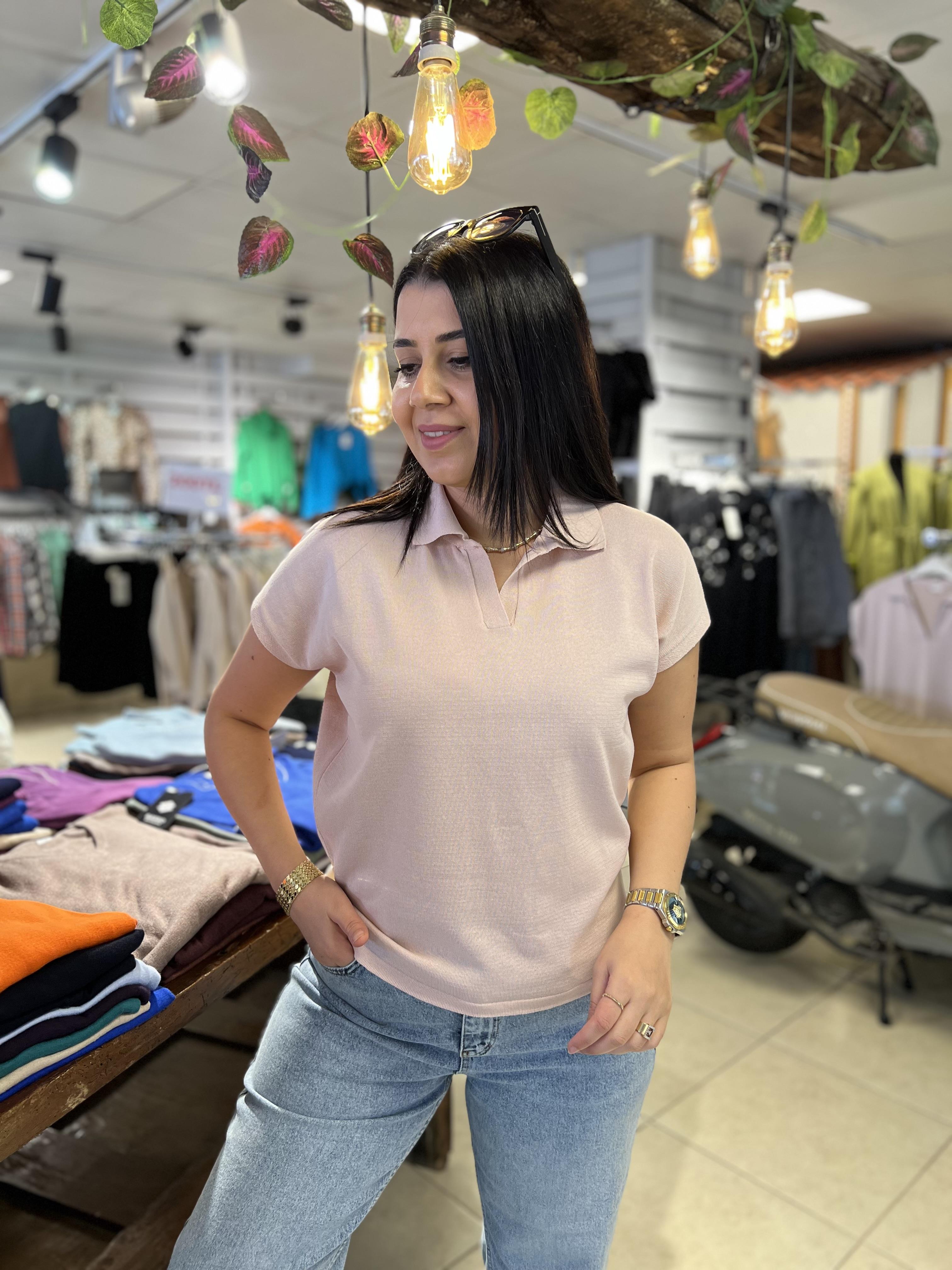 Polo Yaka Kısa Kollu Triko Bluz Pudra