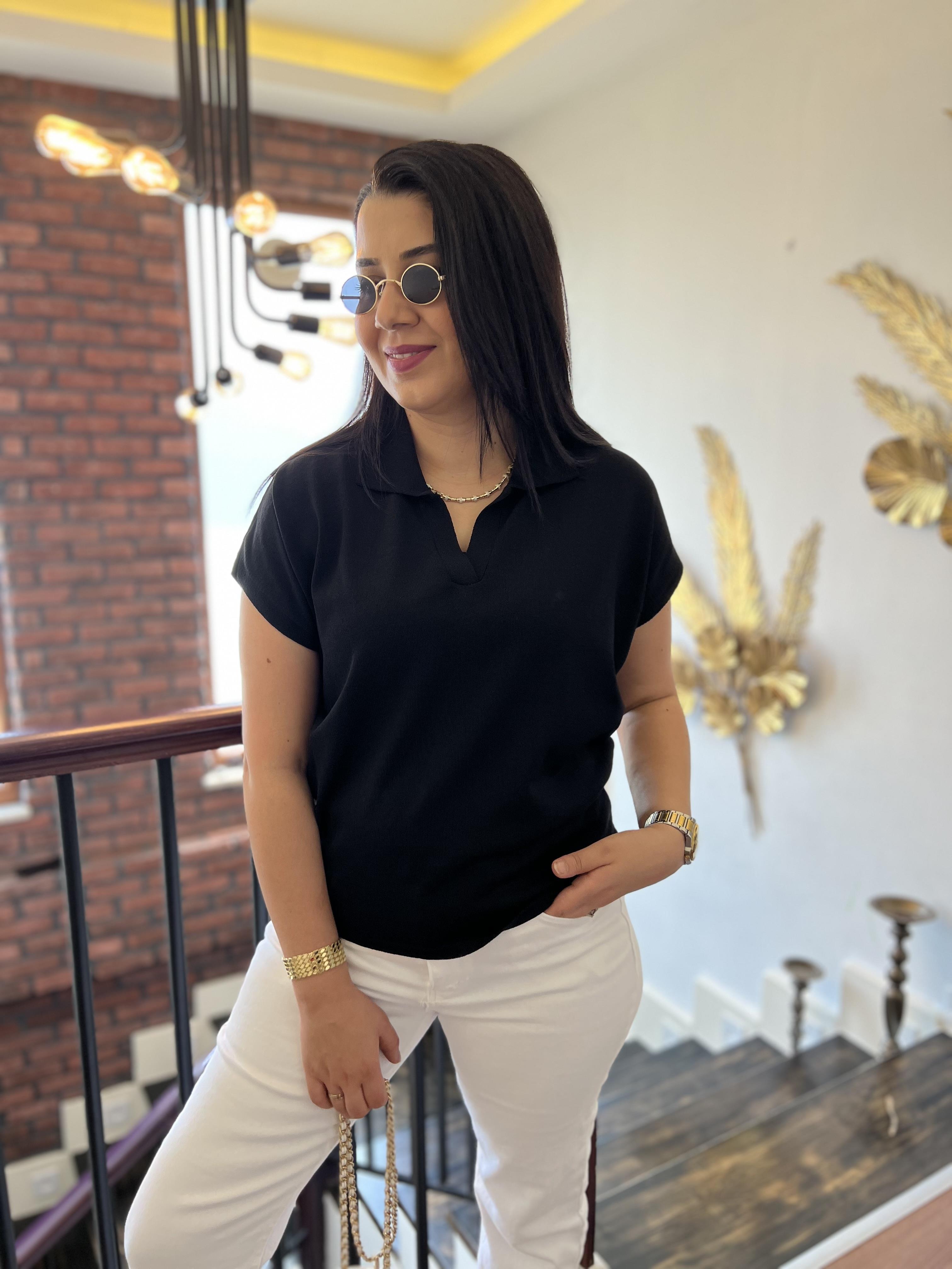 Polo Yaka Kısa Kollu Triko Bluz Siyah