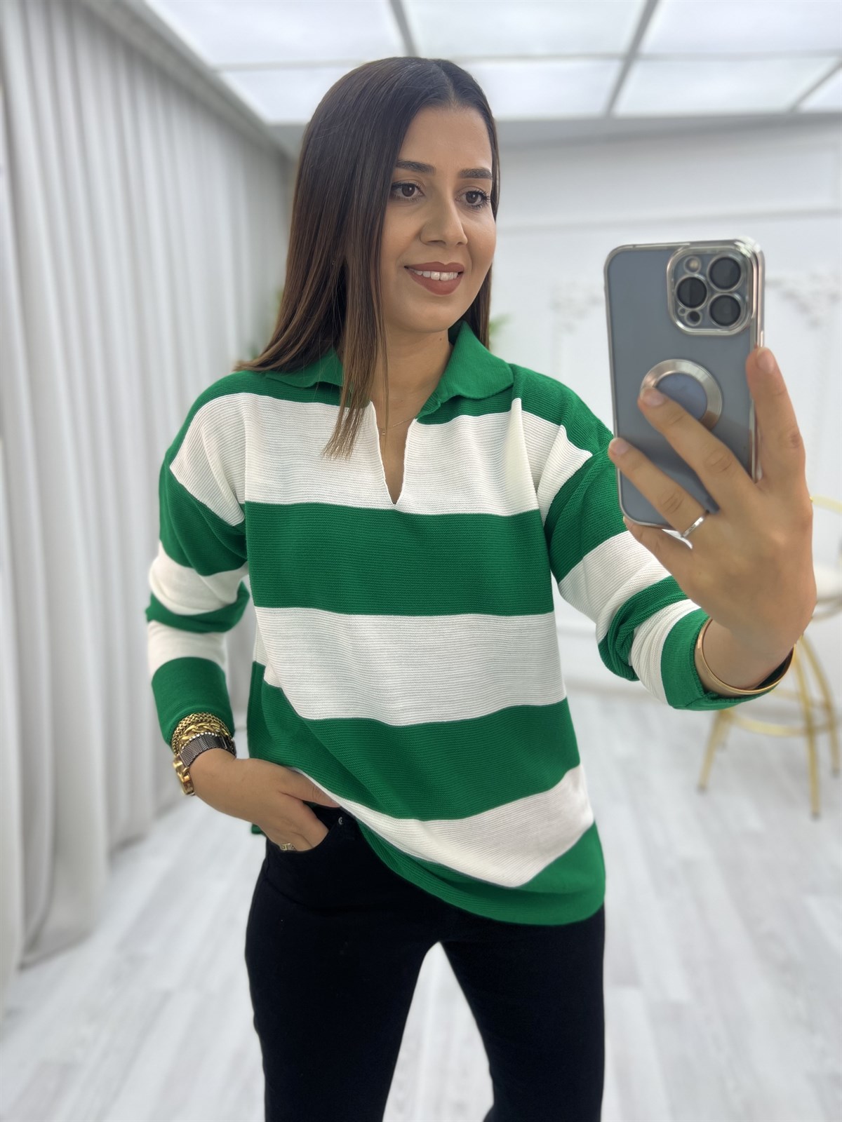 Polo Yaka Links Örgülü Bluz Çimenyeşili