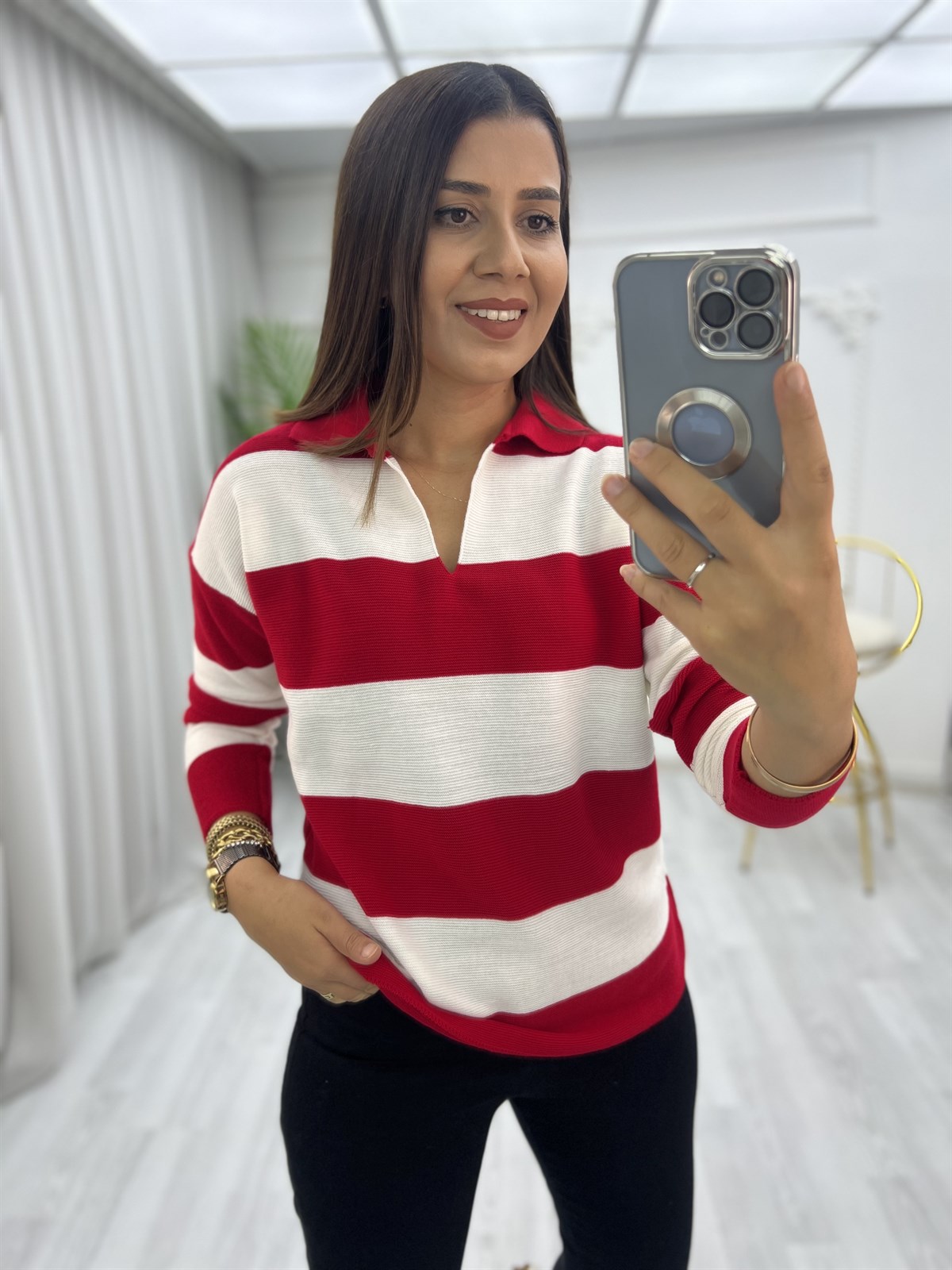 Polo Yaka Links Örgülü Bluz Kırmızı