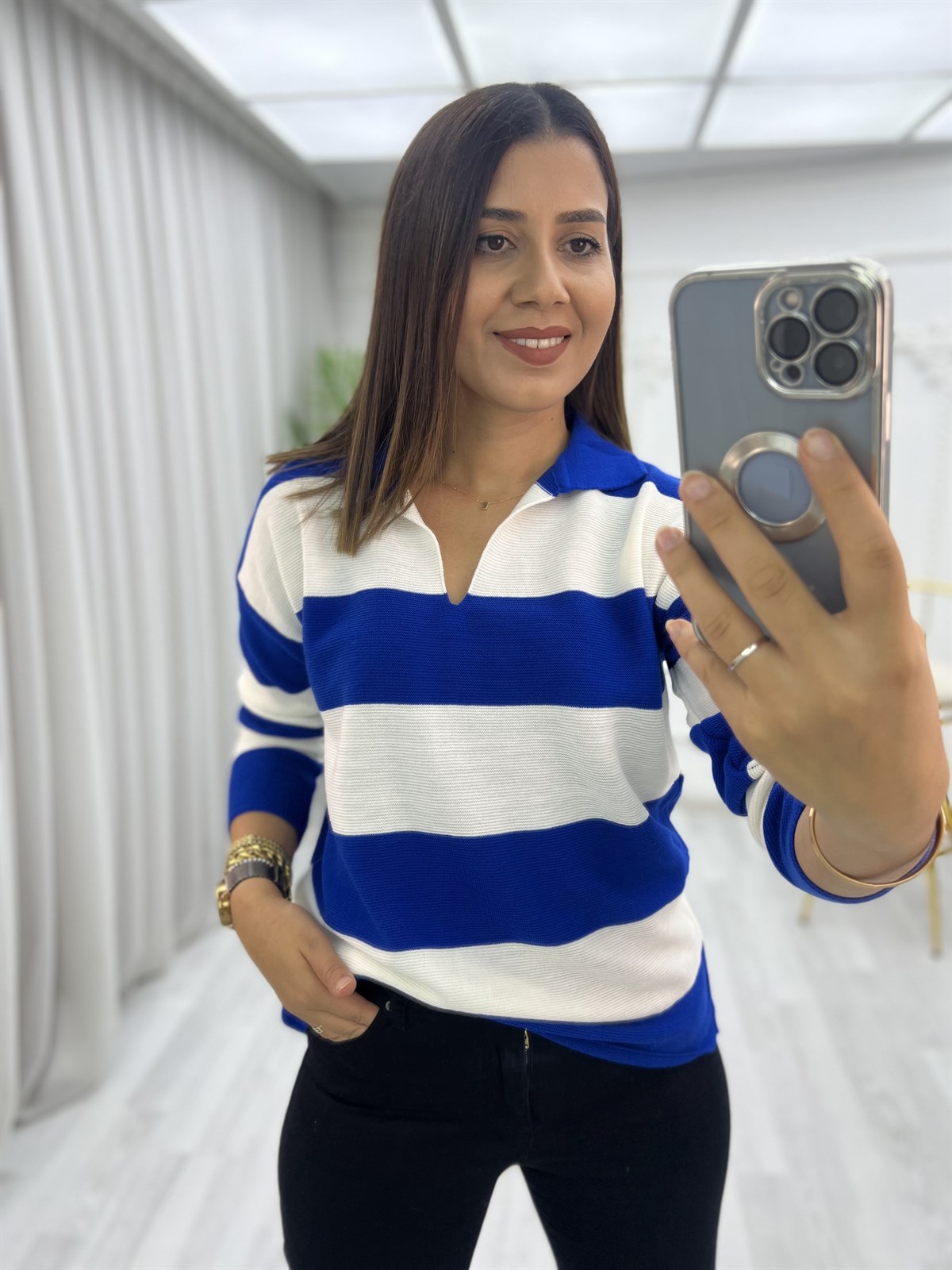 Polo Yaka Links Örgülü Bluz Saks