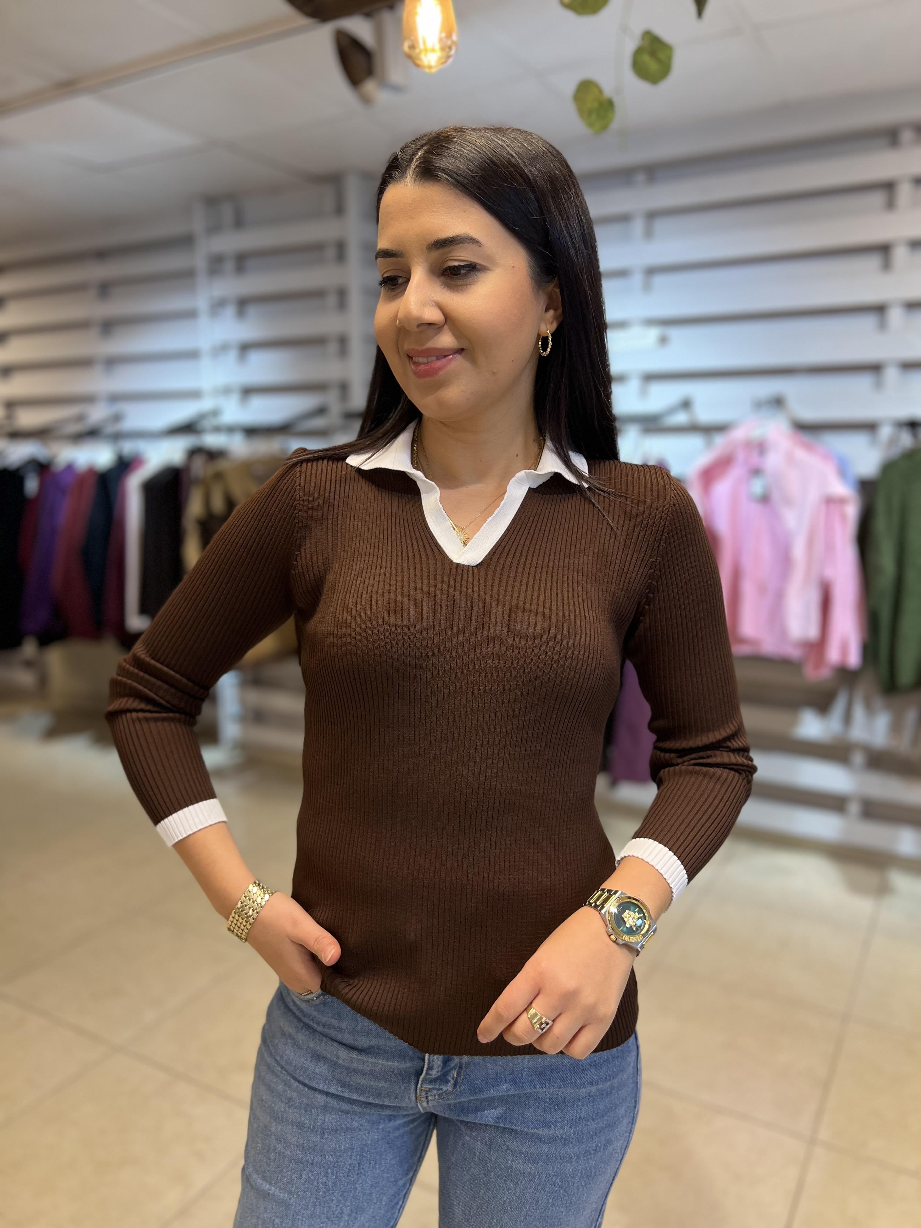 Polo Yaka Renkli Triko Bluz Kahverengi