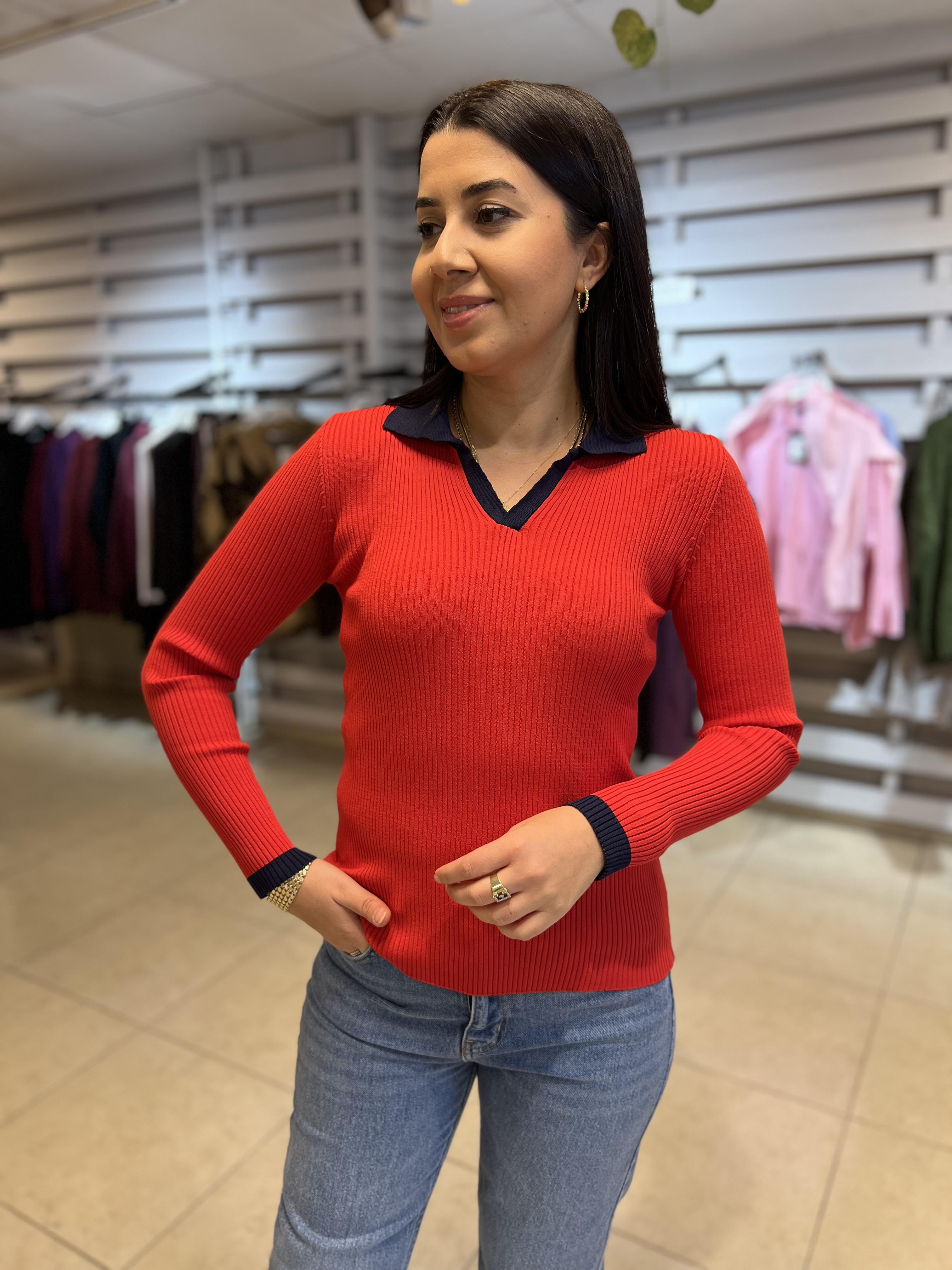 Polo Yaka Renkli Triko Bluz Kırmızı