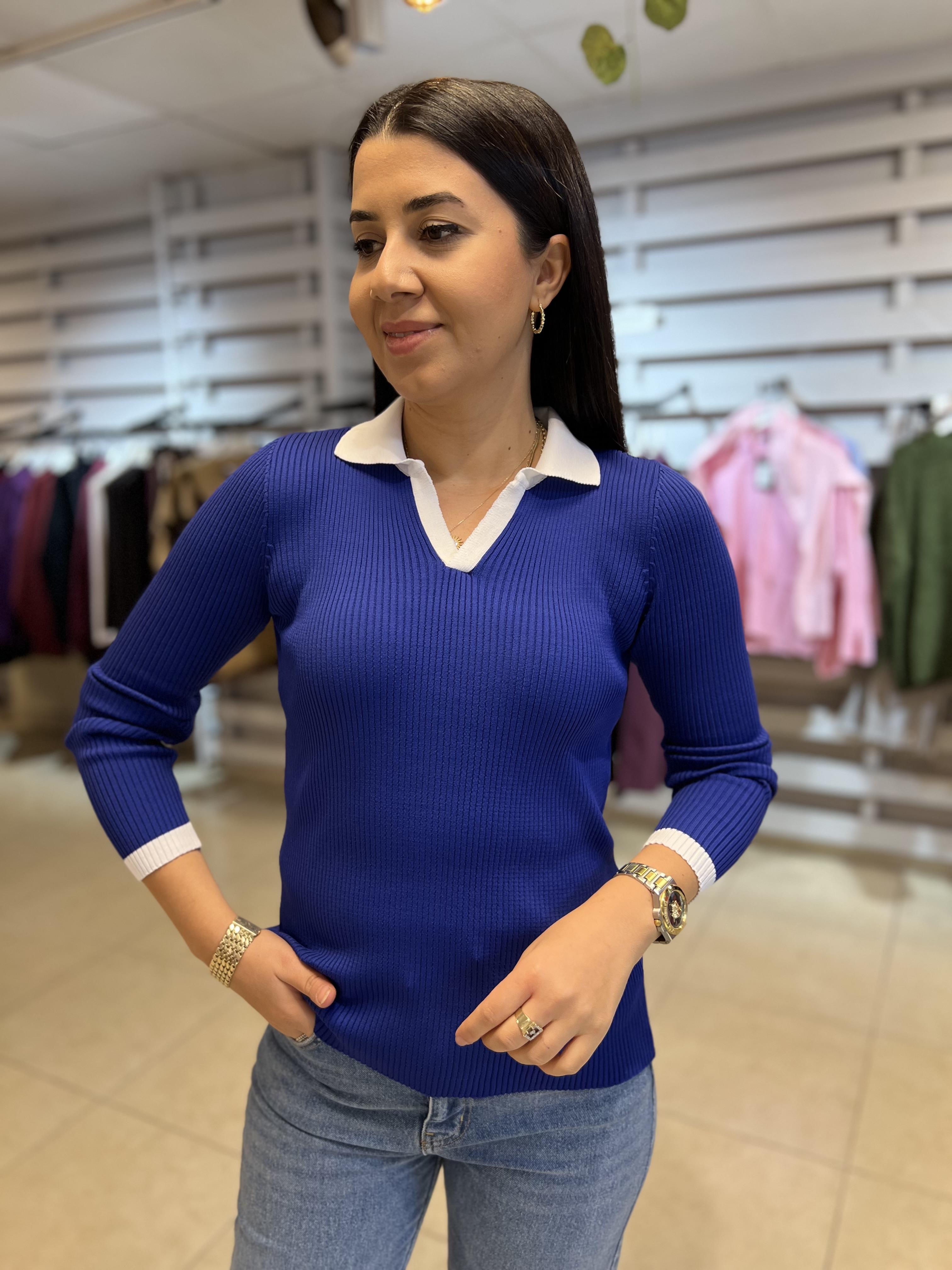 Polo Yaka Renkli Triko Bluz Saks
