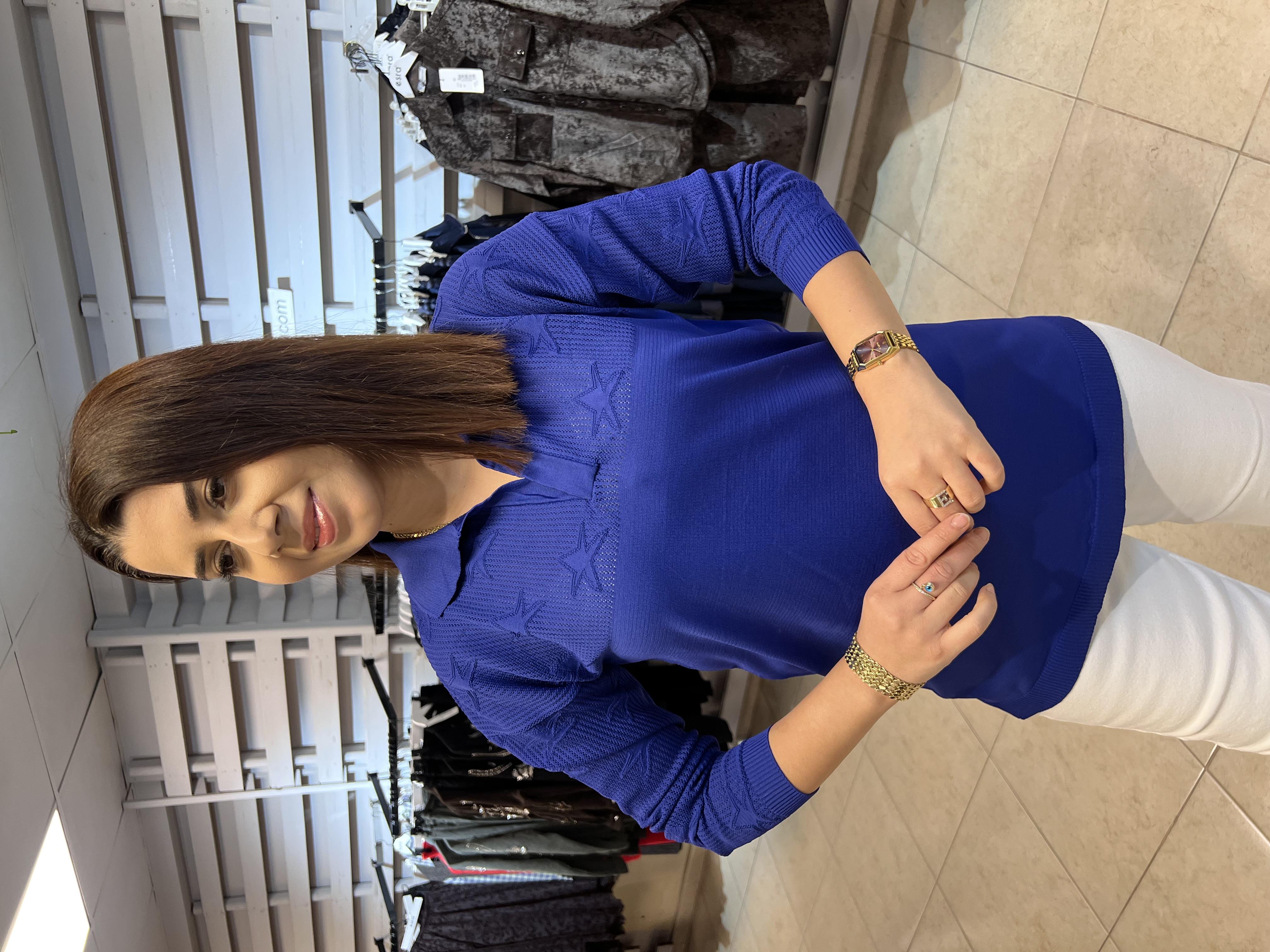 Polo Yaka Yıldız Desen Bluz Saks