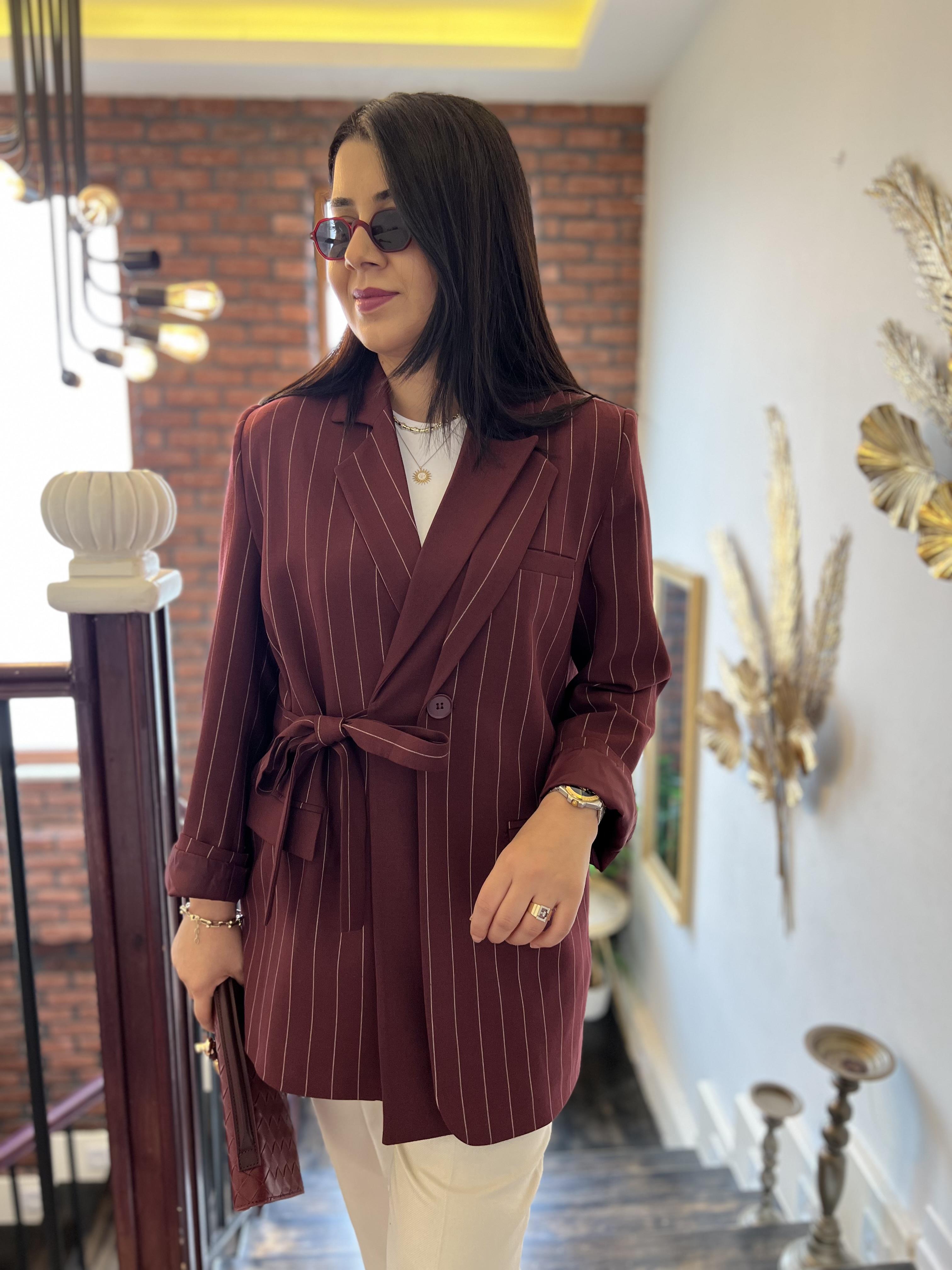 Premium Bağlamalı Çizgili Ceket Bordo