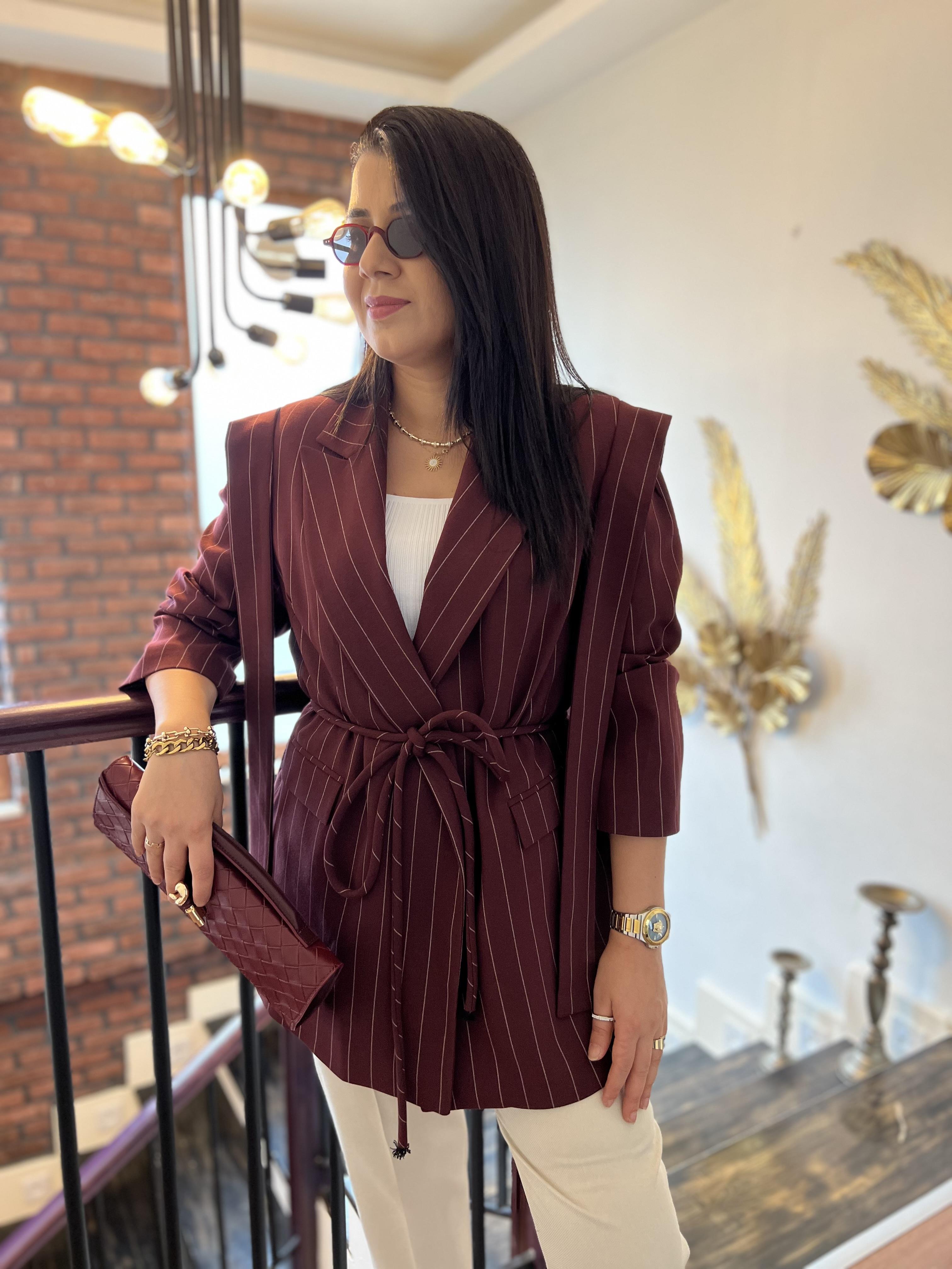 Premium İpli Çizgili Ceket Bordo