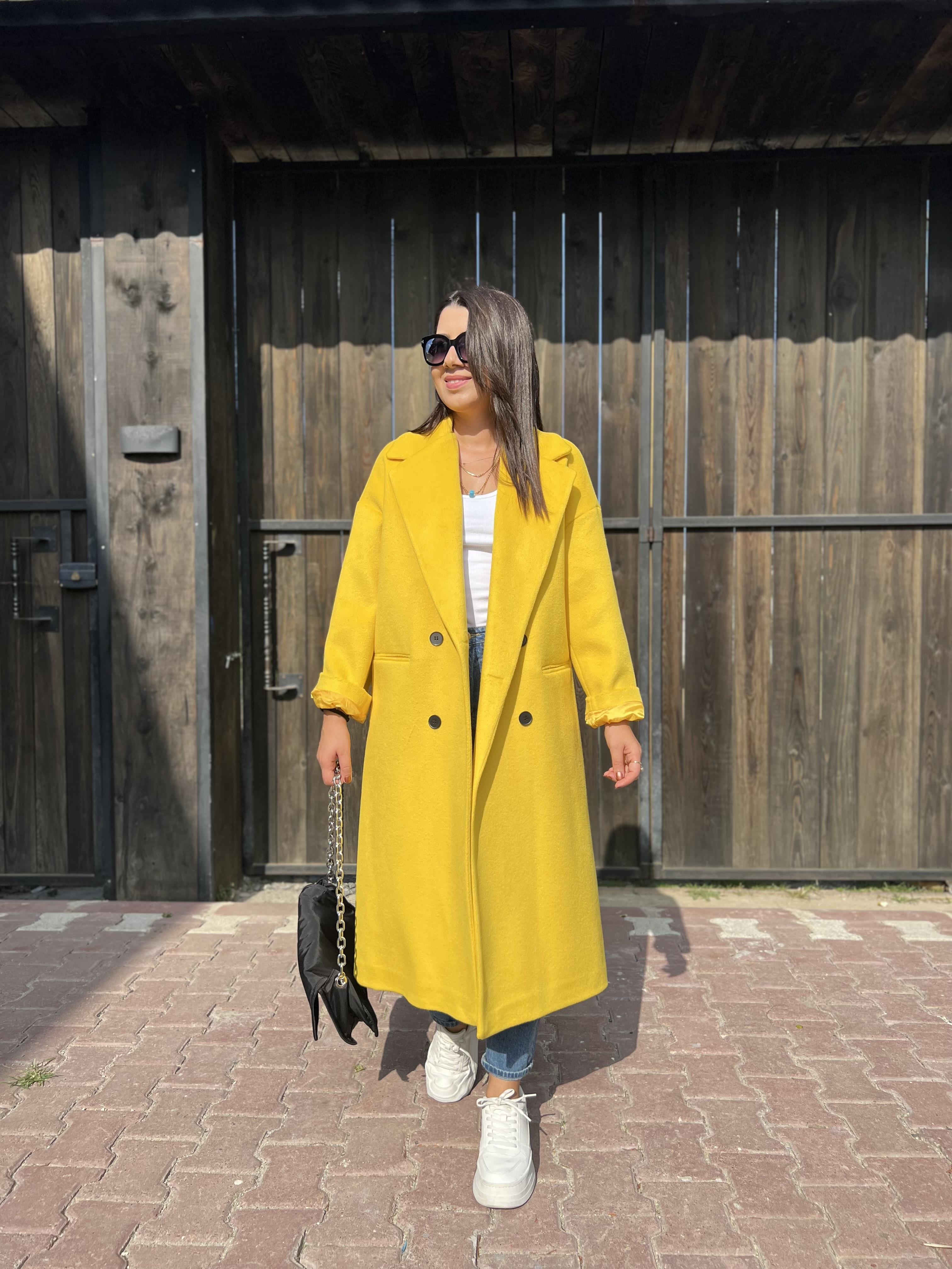 Premium Kalite Oversize Kaşe Kaban Hardal
