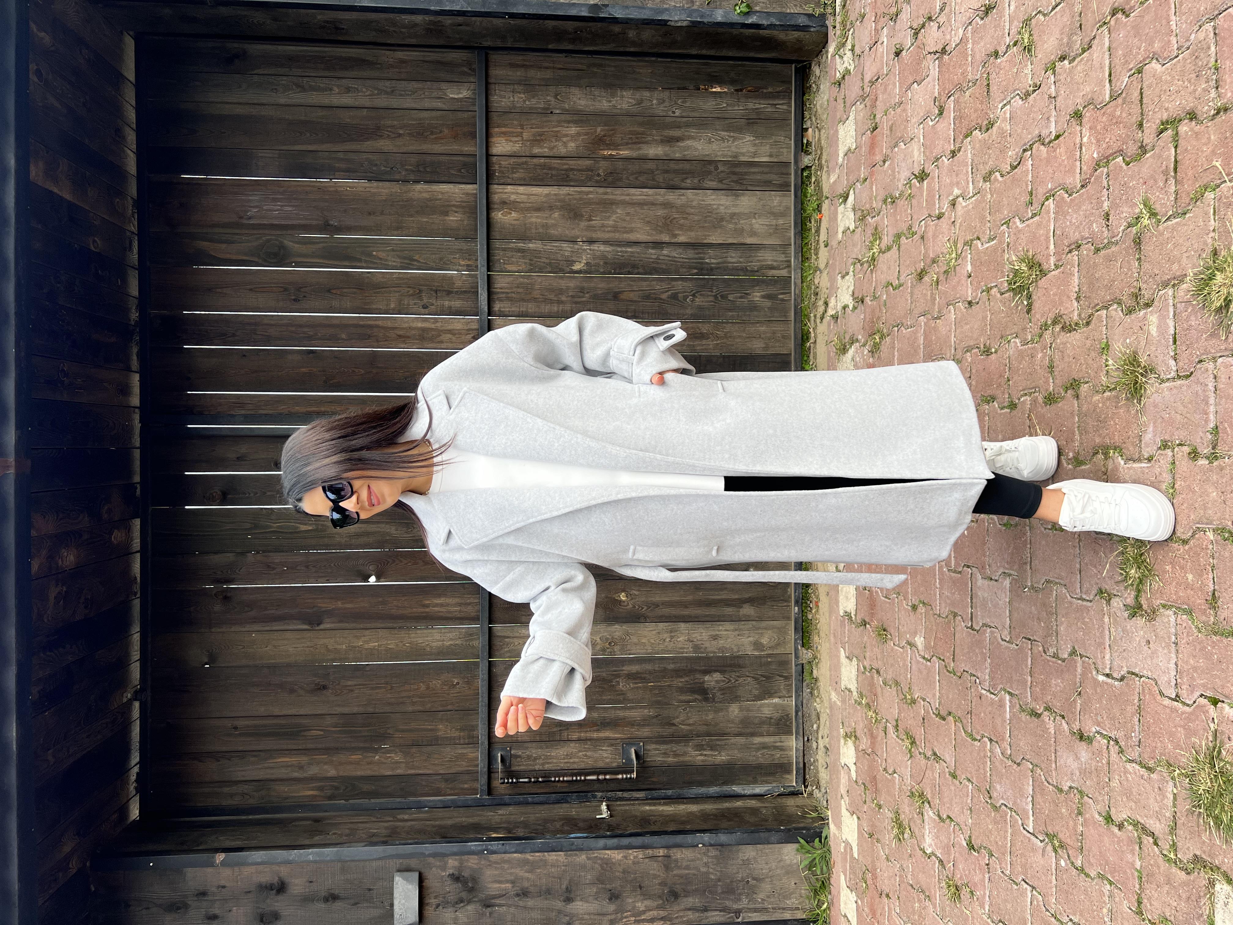 Premium Kol Düğmeli Salaş Kuşaklı Kaşe Kaban Gri