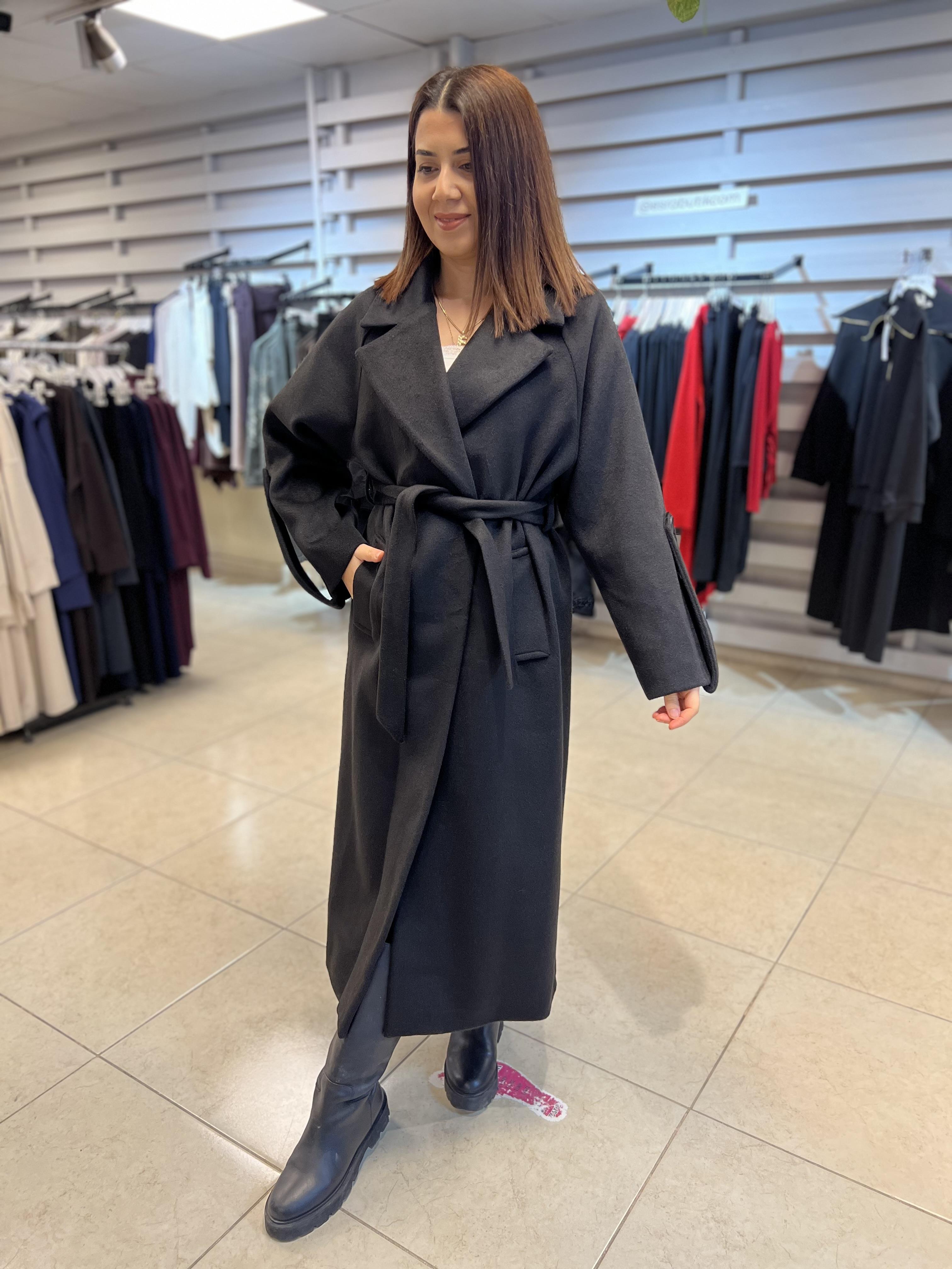 Premium Kolu Düğmeli Kaşe Kaban Siyah